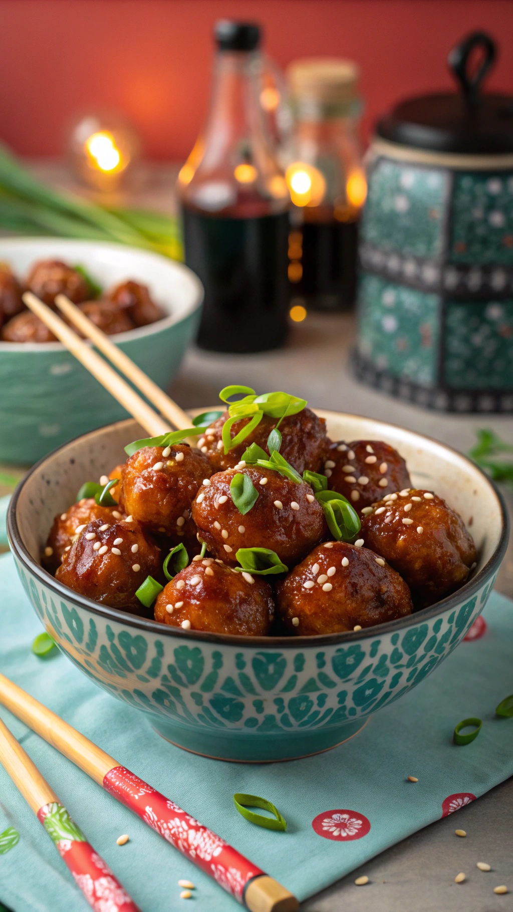 A bowl of sweet and spicy honey garlic meatballs garnished with green onions and sesame seeds, served with chopsticks.