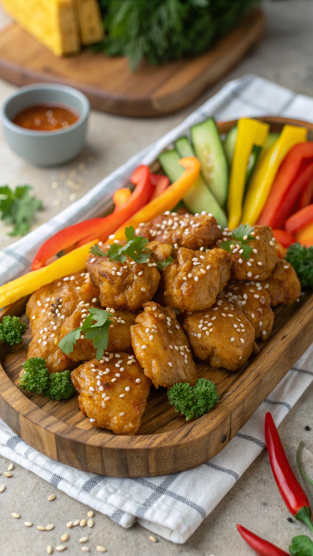 A wooden platter with sweet and spicy honey mustard chicken bites, garnished with sesame seeds and parsley, alongside colorful bell peppers and cucumbers.