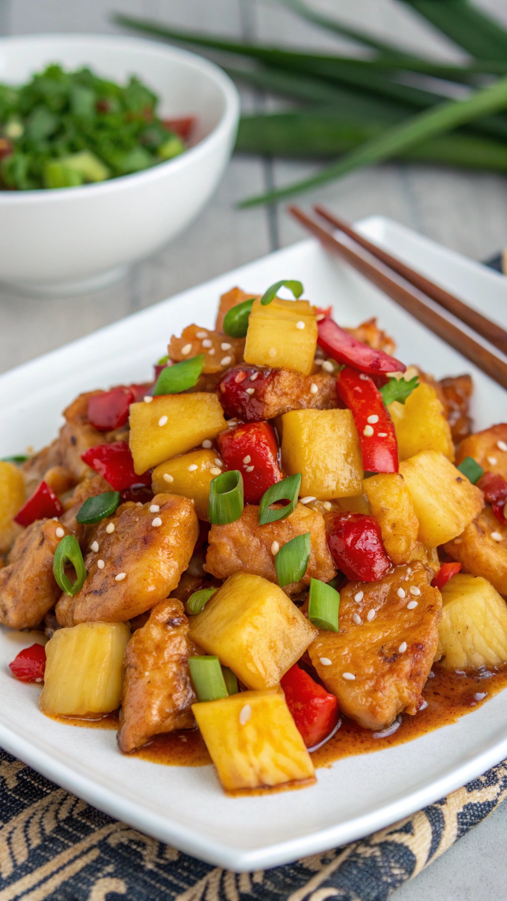 Sweet and Spicy Pineapple Chicken served with vibrant colors and garnished with green onions and sesame seeds.