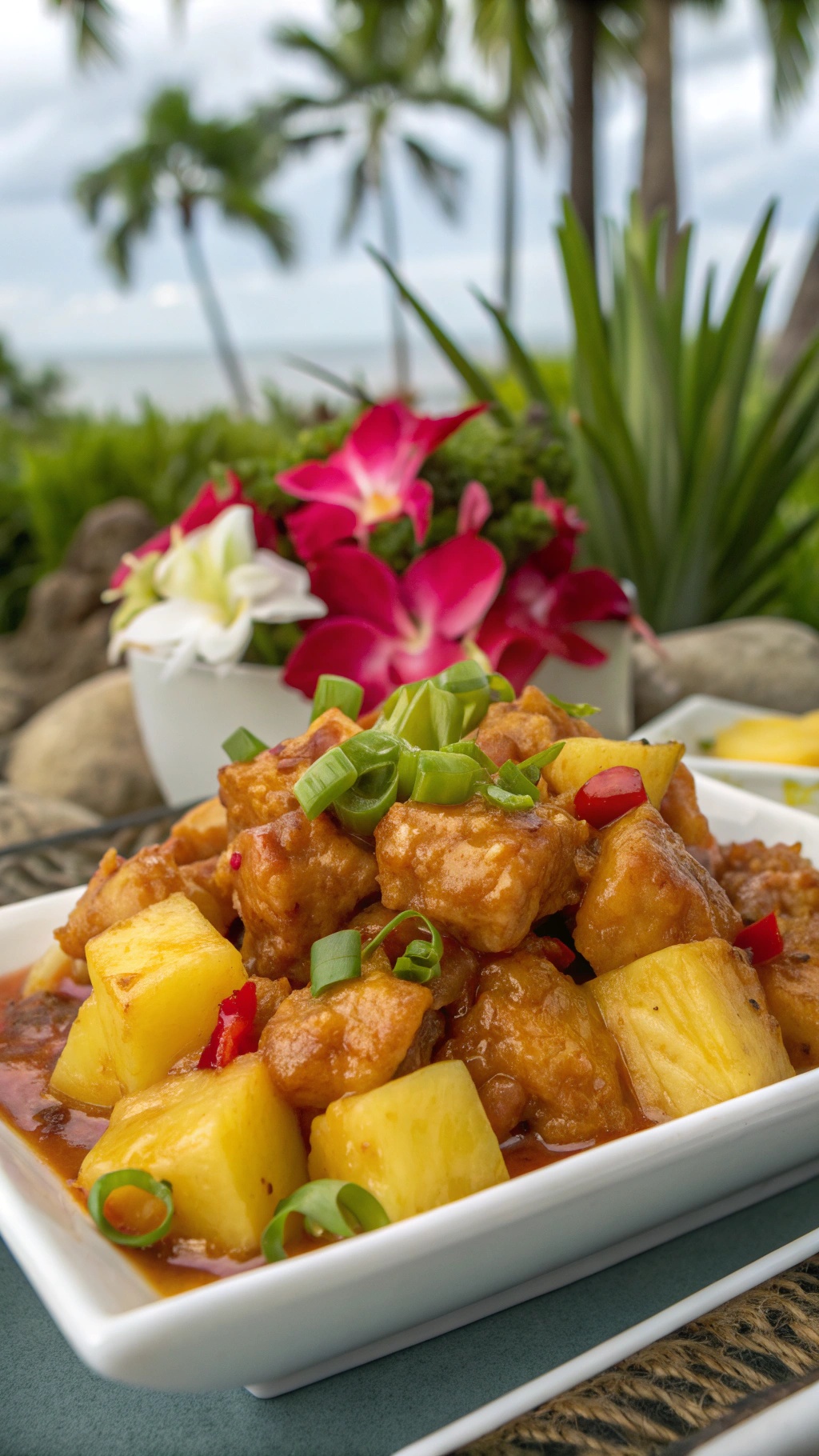 A plate of Sweet and Spicy Pineapple Chicken garnished with green onions and red peppers, surrounded by tropical plants.