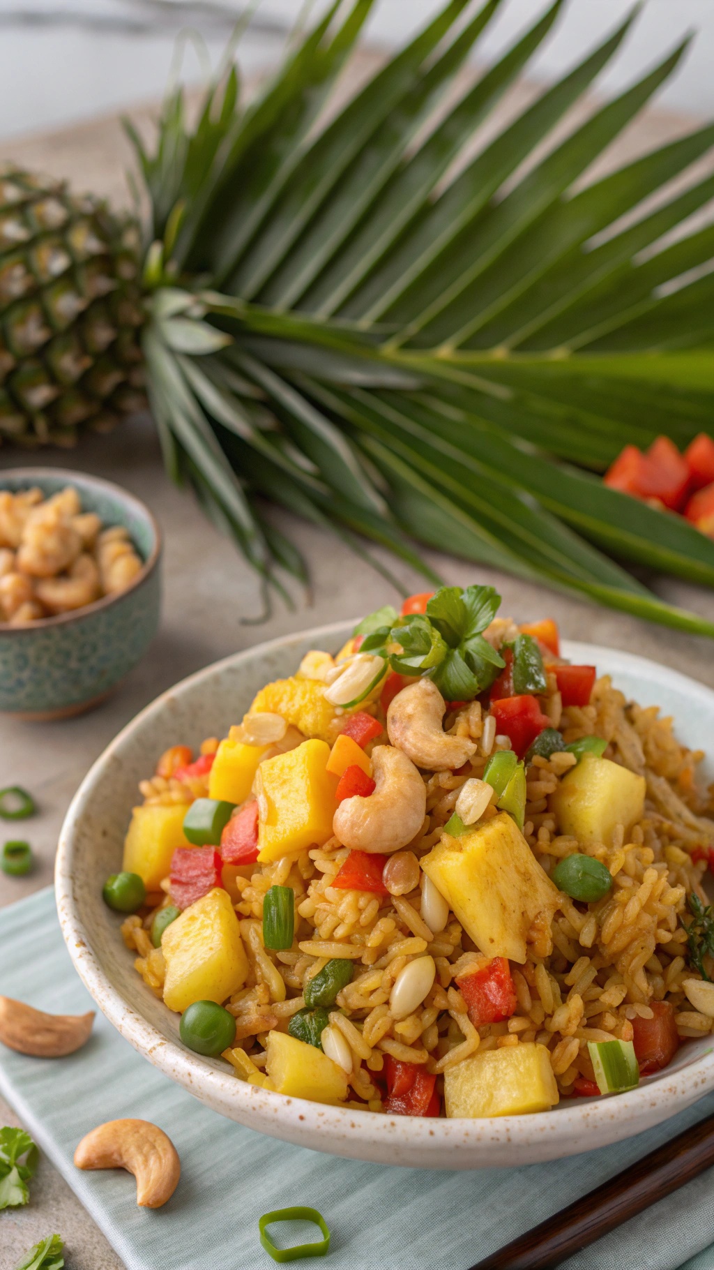 A bowl of sweet and spicy pineapple fried rice garnished with green onions and cashews, with a pineapple and palm leaves in the background.