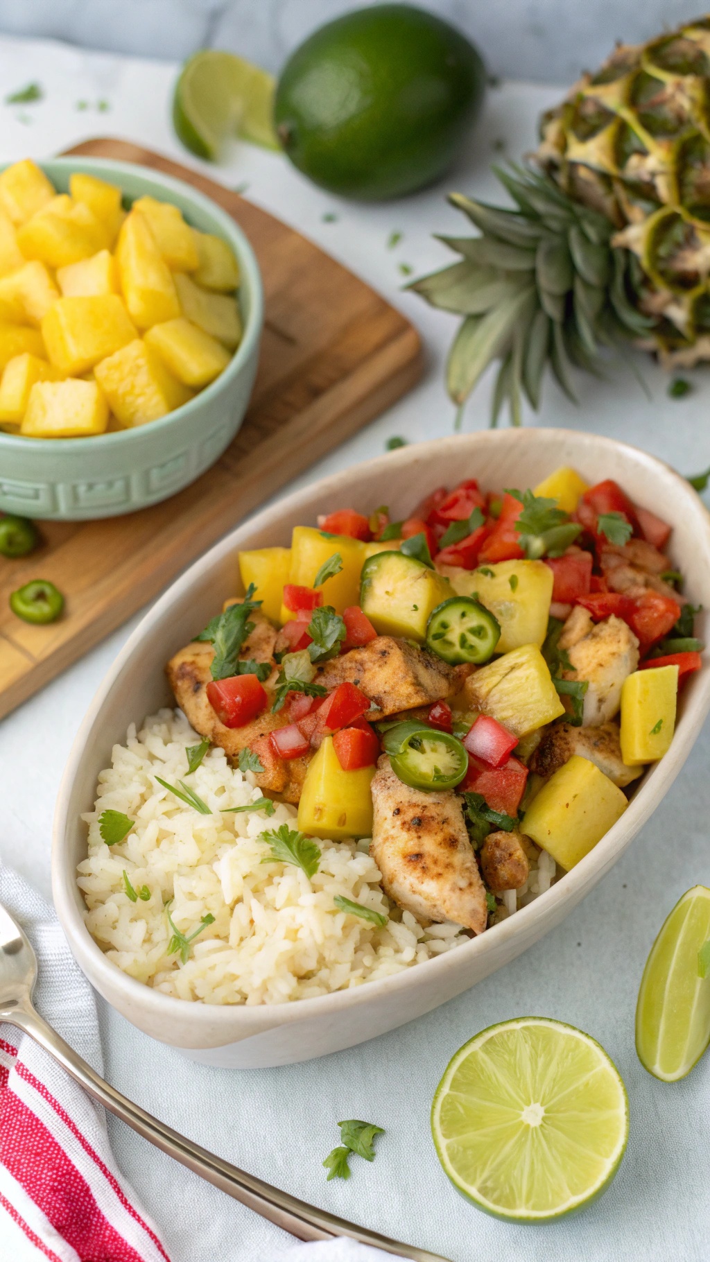 A bowl of Sweet and Spicy Pineapple Salsa Chicken served with rice, topped with fresh ingredients.