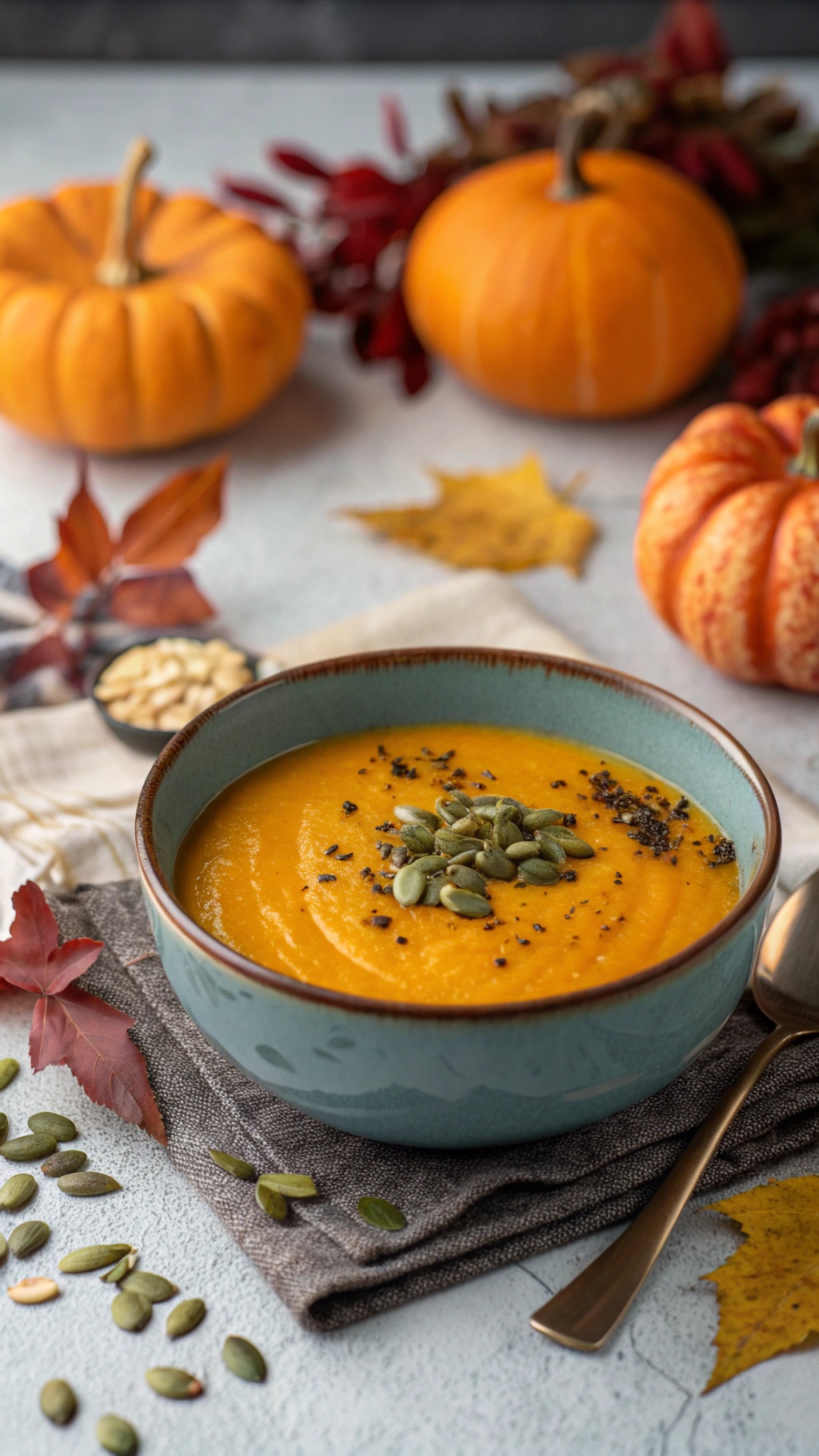 A bowl of sweet and spicy pumpkin soup garnished with pumpkin seeds, surrounded by pumpkins and autumn leaves.