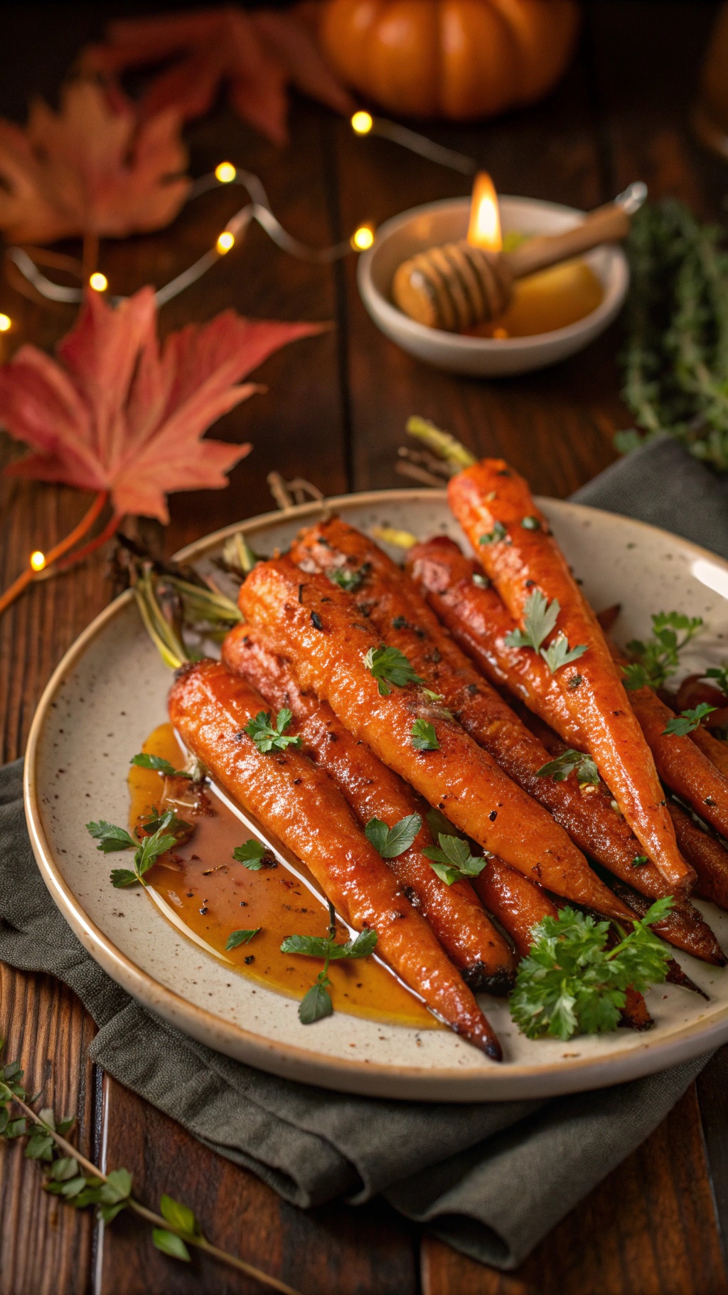 Plate of sweet and spicy roasted carrots garnished with parsley, surrounded by autumn leaves and a small bowl of honey.