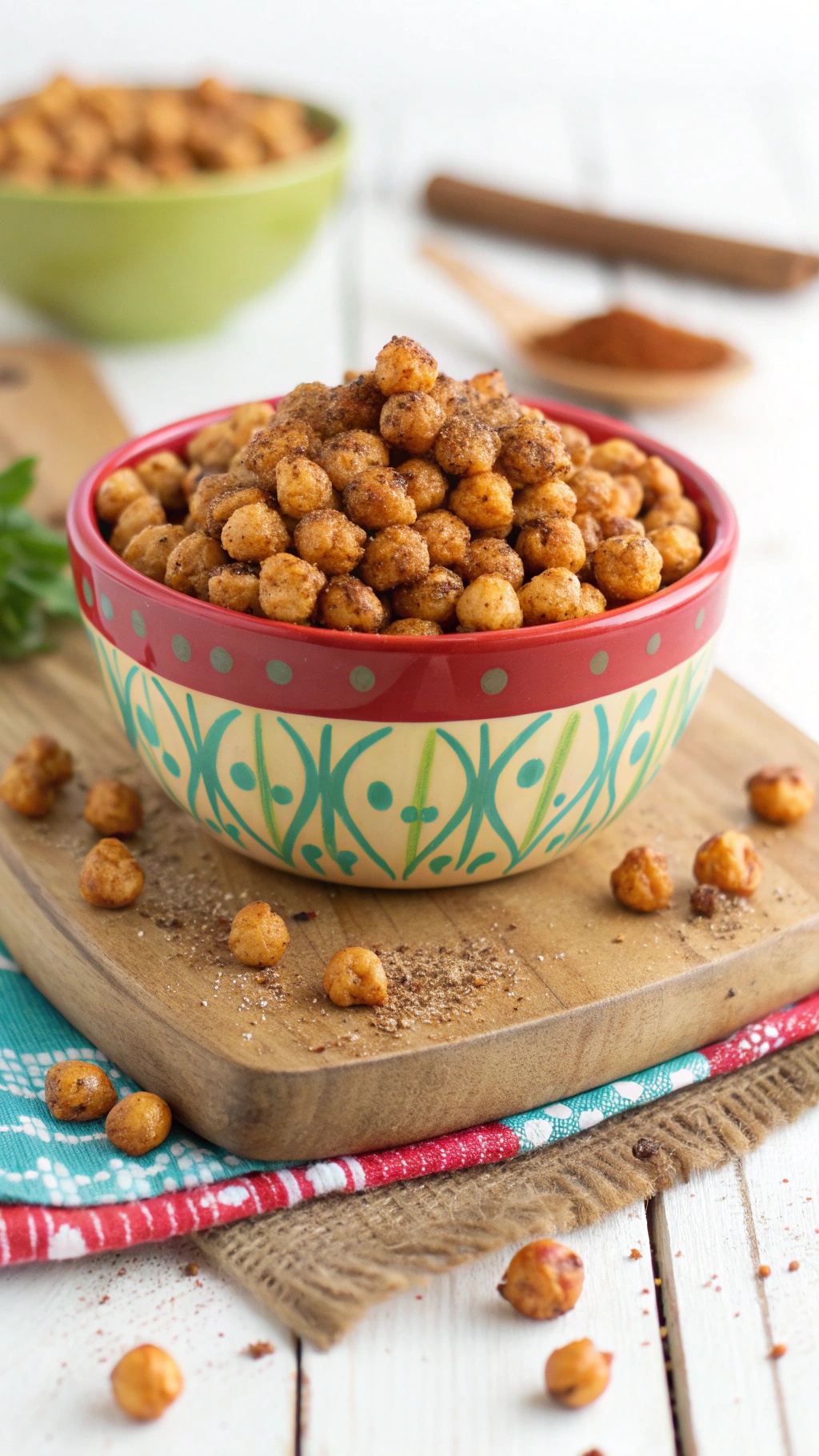 A vibrant bowl of sweet and spicy roasted chickpeas, showcasing their golden-brown color and seasoning.