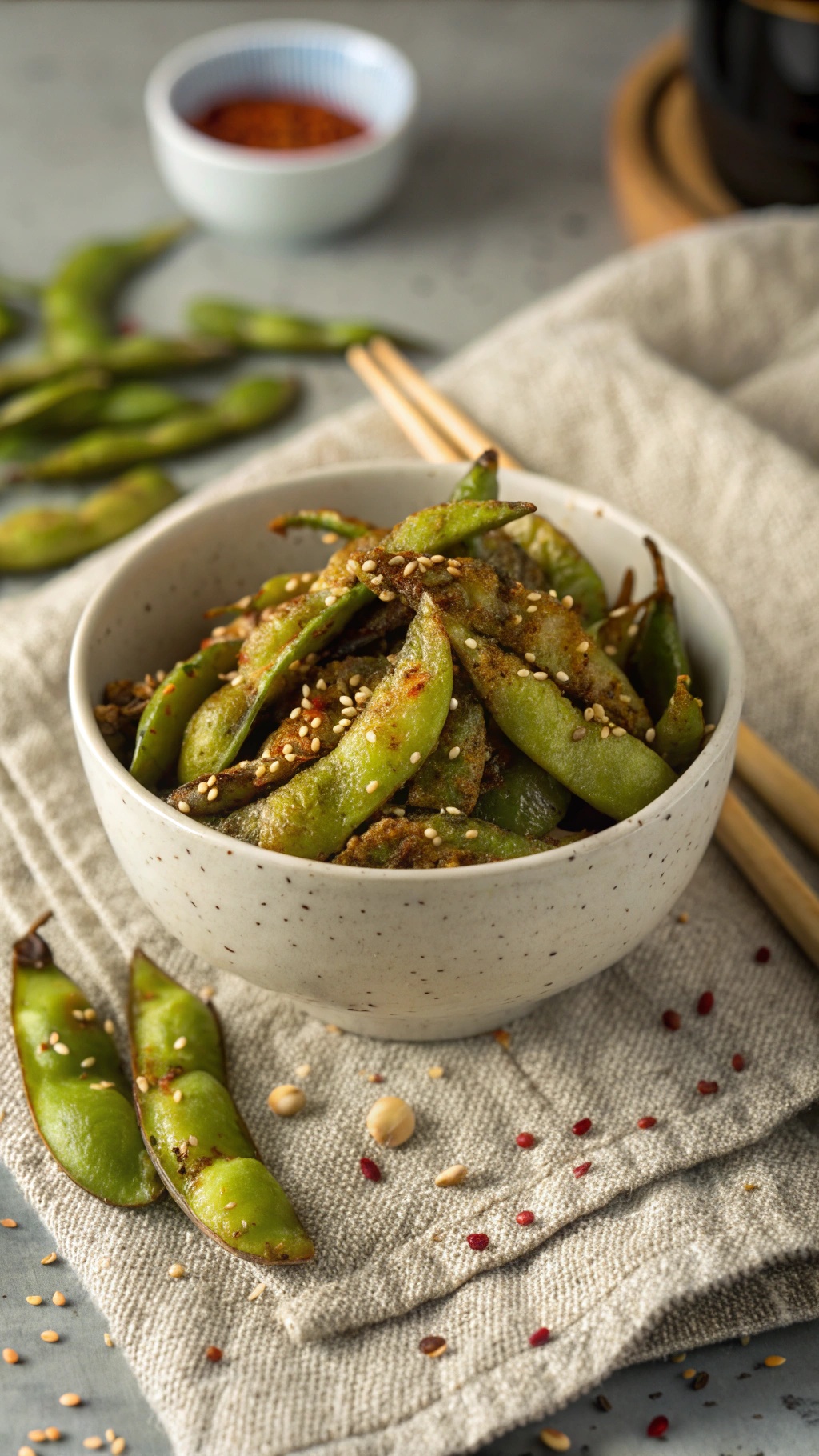 A bowl of sweet and spicy roasted edamame with sesame seeds on top.