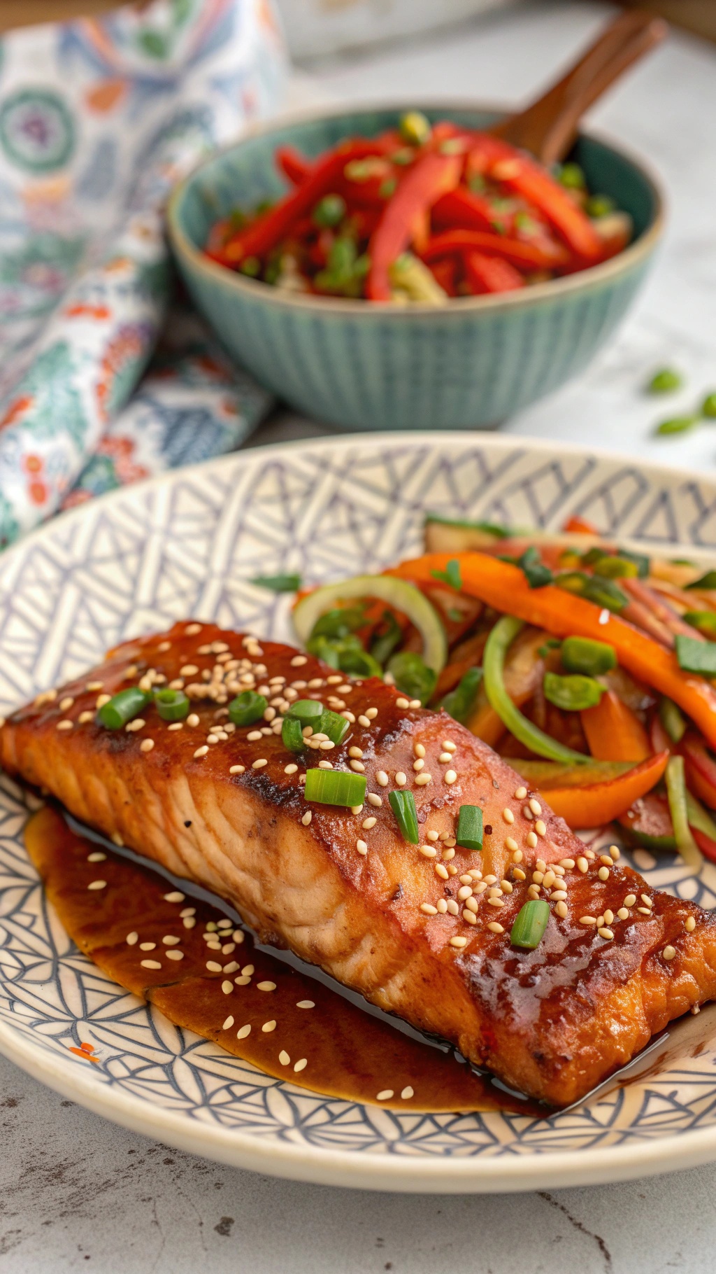 A plate of sweet and spicy salmon fillet topped with sesame seeds and green onions, served with colorful stir-fried vegetables.