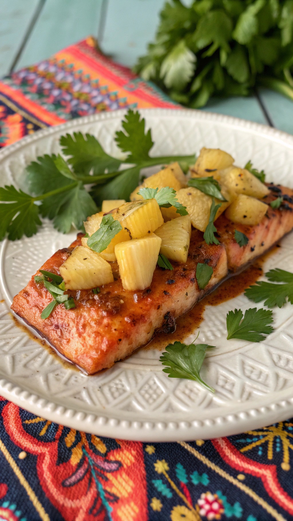 A plate of sweet and spicy salmon topped with pineapple chunks and garnished with cilantro.