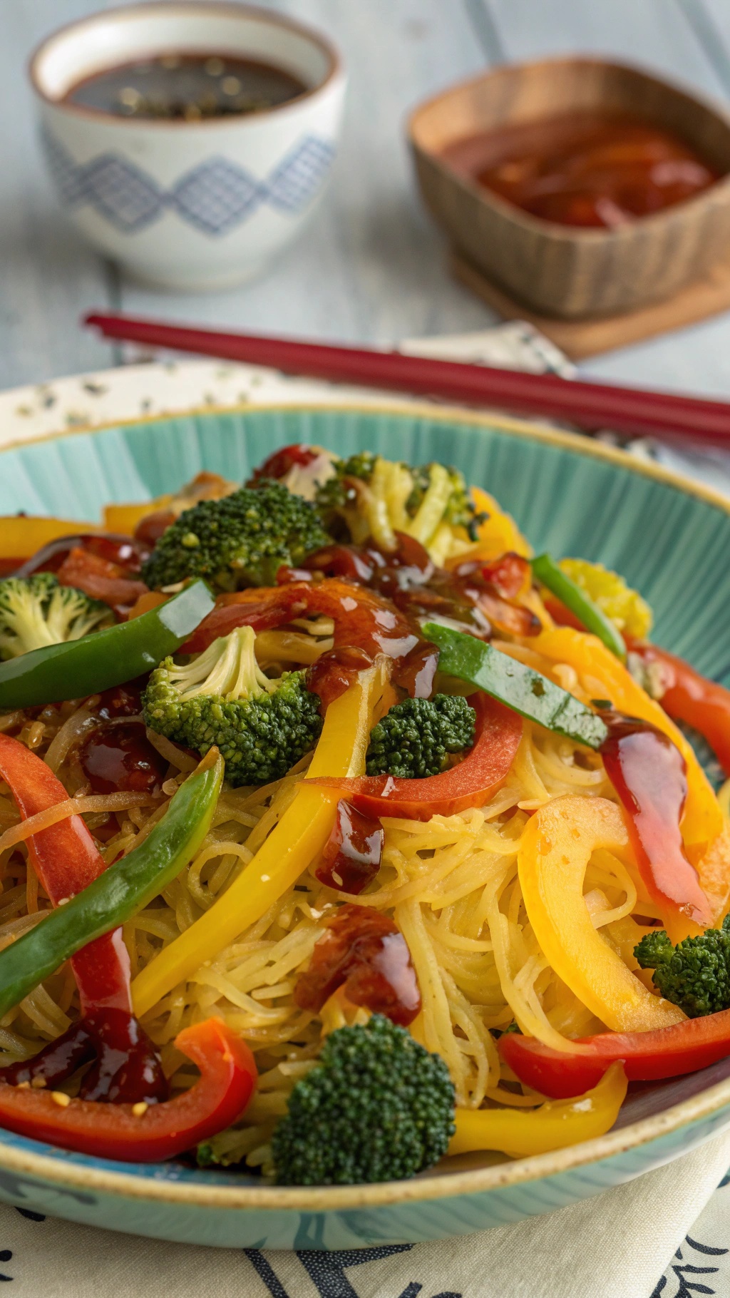 A colorful bowl of spaghetti squash stir-fry with bell peppers and broccoli, drizzled with a sweet and spicy sauce.