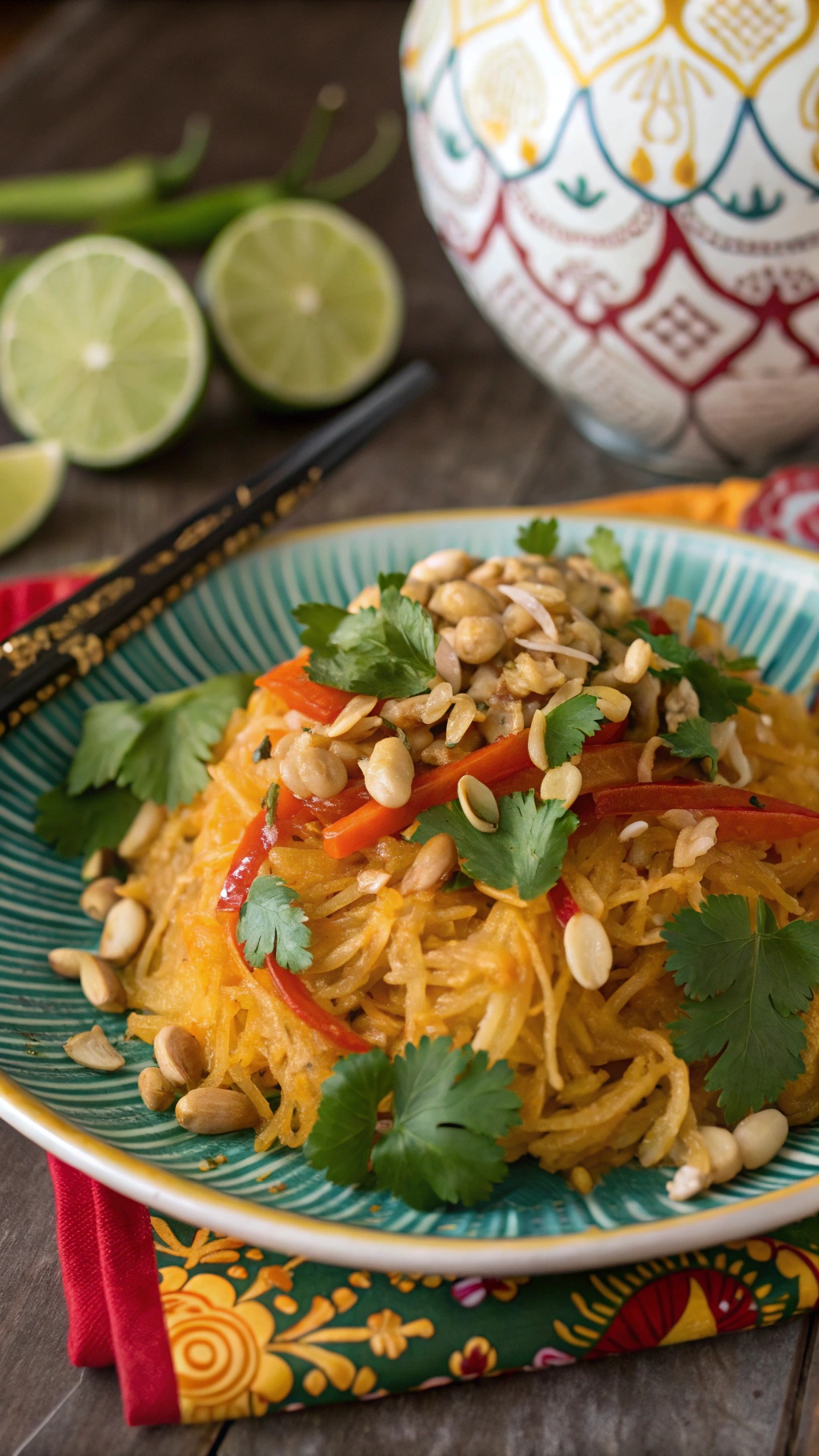 A colorful plate of sweet and spicy Thai peanut spaghetti squash topped with peanuts and cilantro, with lime wedges and a decorative bowl in the background.