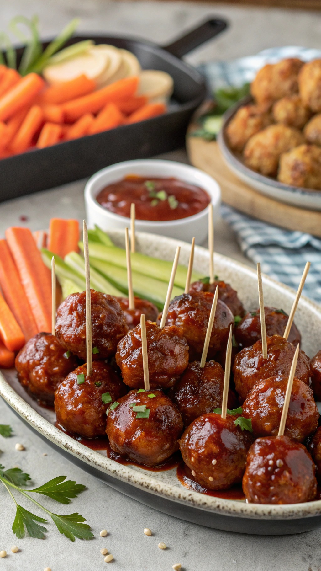 A platter of sweet and spicy turkey meatballs with dipping sauce and fresh vegetables.