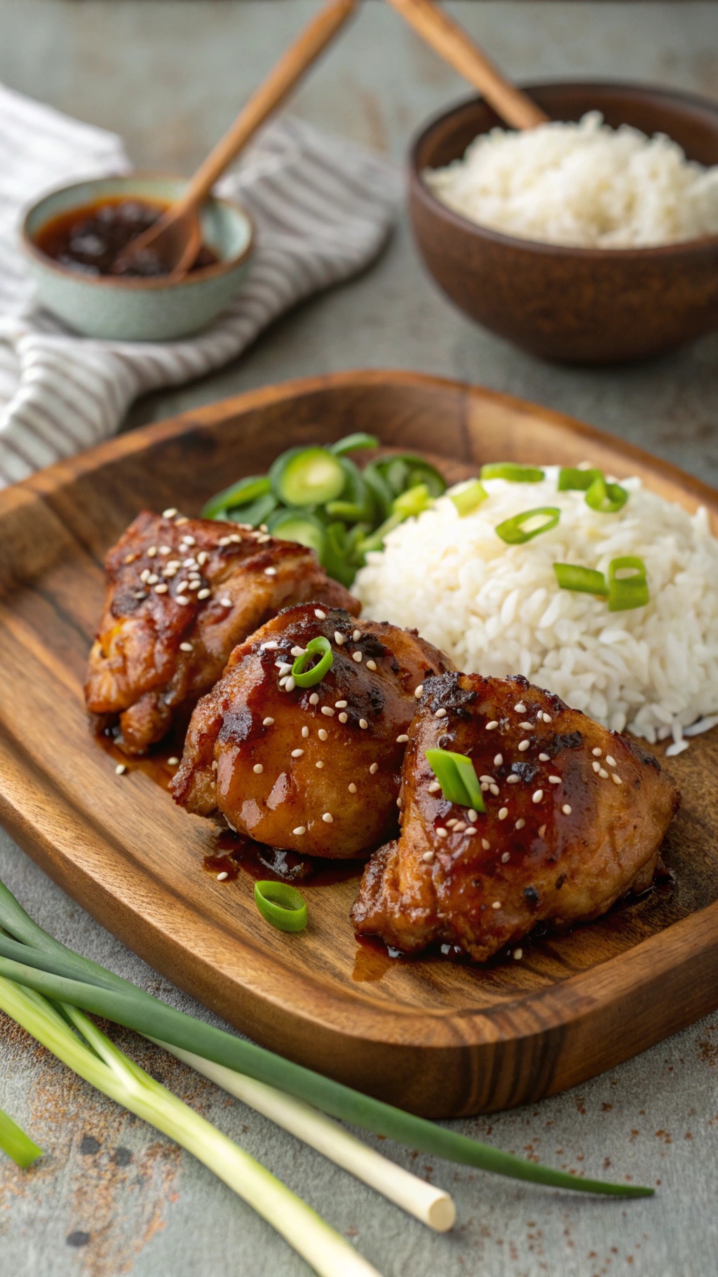 Soy-glazed chicken thighs served with rice and garnished with green onions and sesame seeds