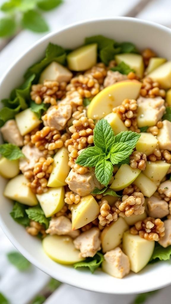 A colorful bowl of Sweet and Tangy Apple Walnut Chicken Salad with diced chicken, chopped apples, walnuts, and fresh mint leaves.
