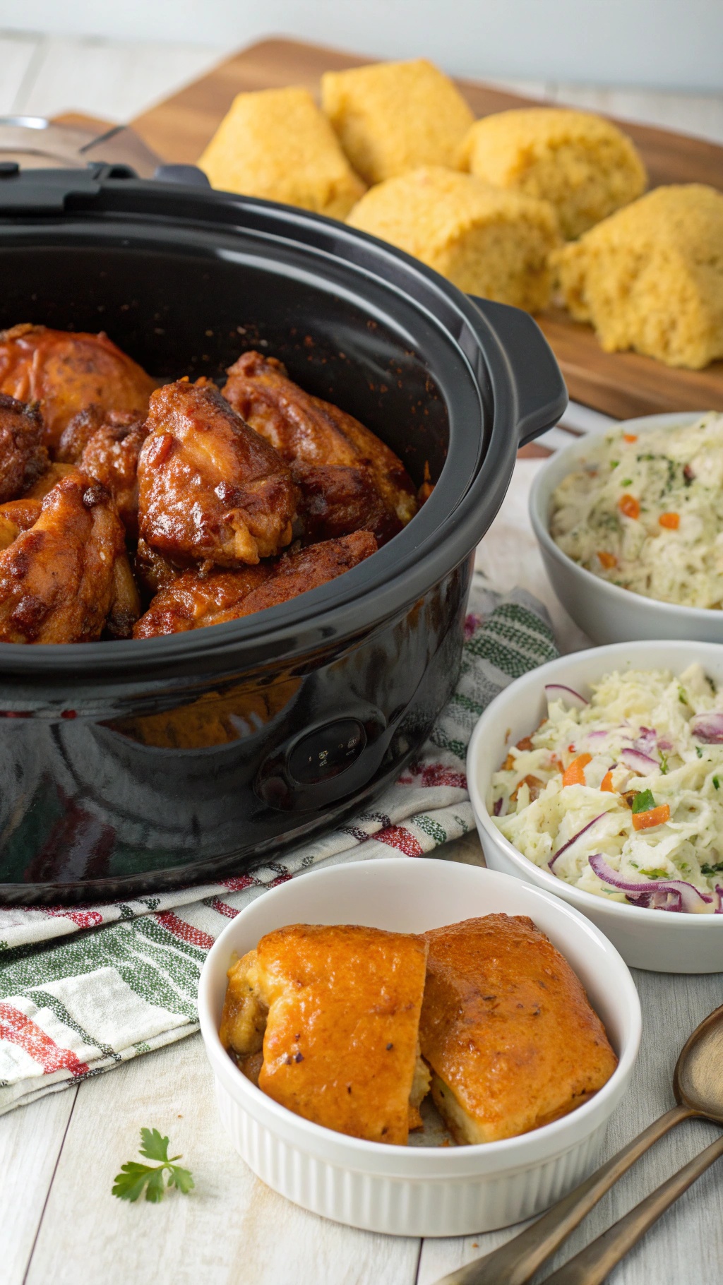 A crockpot filled with sweet and tangy BBQ chicken, surrounded by cornbread and coleslaw.