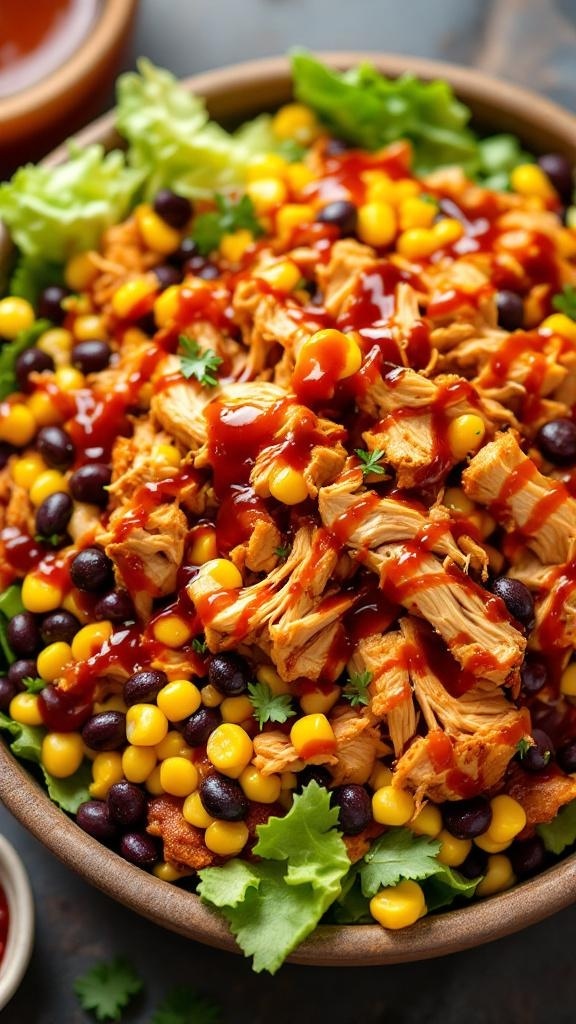 A colorful bowl of BBQ chicken salad with shredded chicken, corn, black beans, and BBQ sauce.