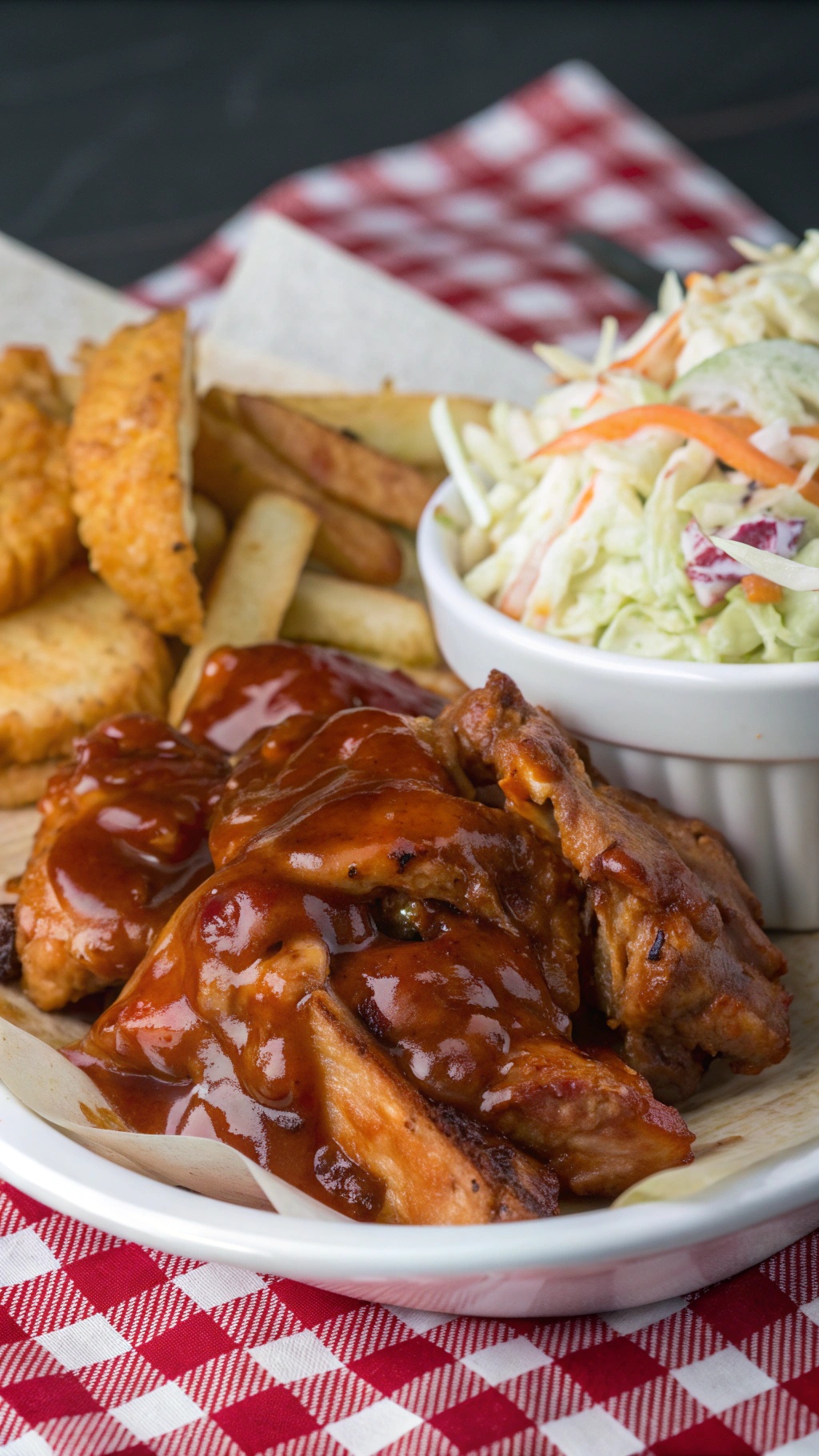 Plate of sweet and tangy BBQ chicken with fries and coleslaw