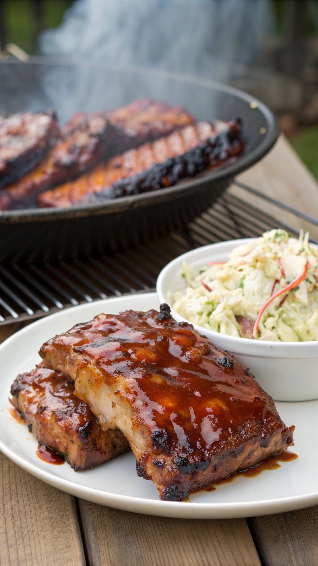 Juicy BBQ pork chops with coleslaw on a plate