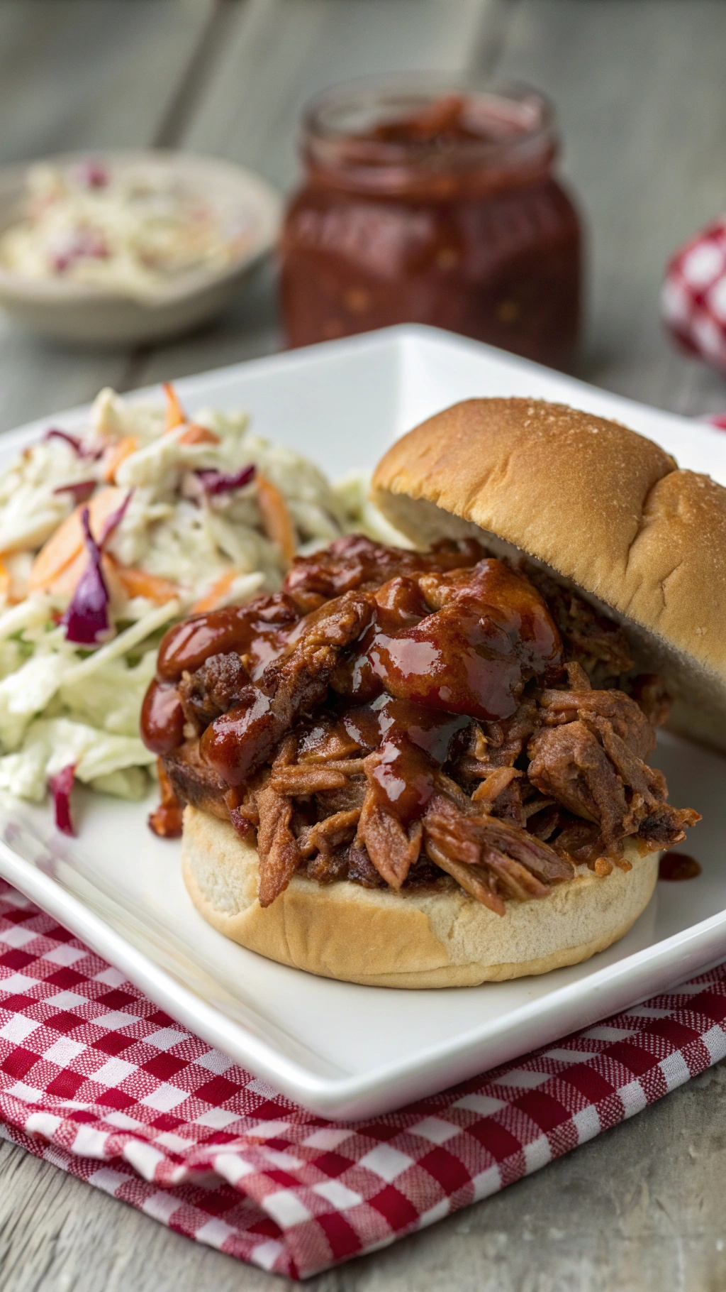 A delicious pulled pork sandwich topped with BBQ sauce, served with coleslaw on the side.