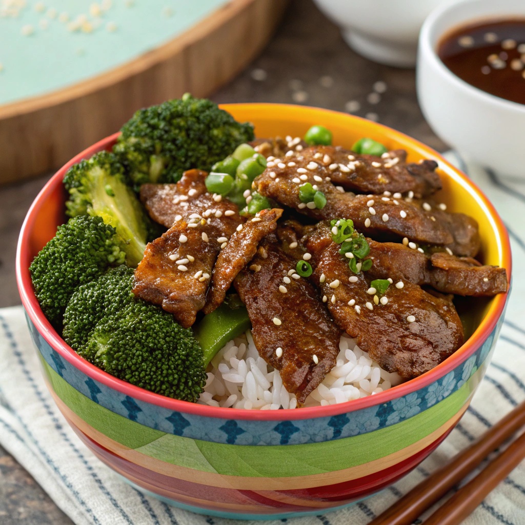 A delicious bowl of beef teriyaki with broccoli and rice, garnished with sesame seeds and green onions.