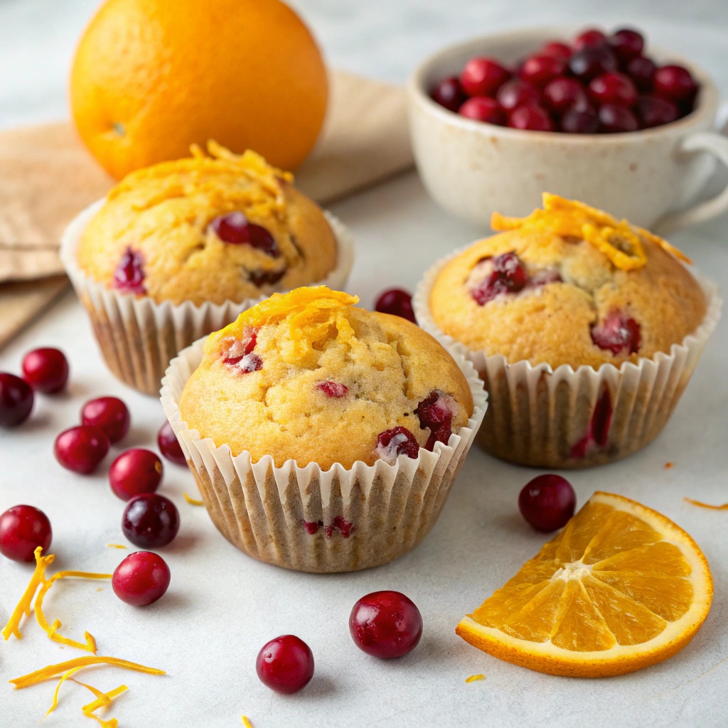Freshly baked cranberry orange muffins on a cooling rack with cranberries and orange slices.