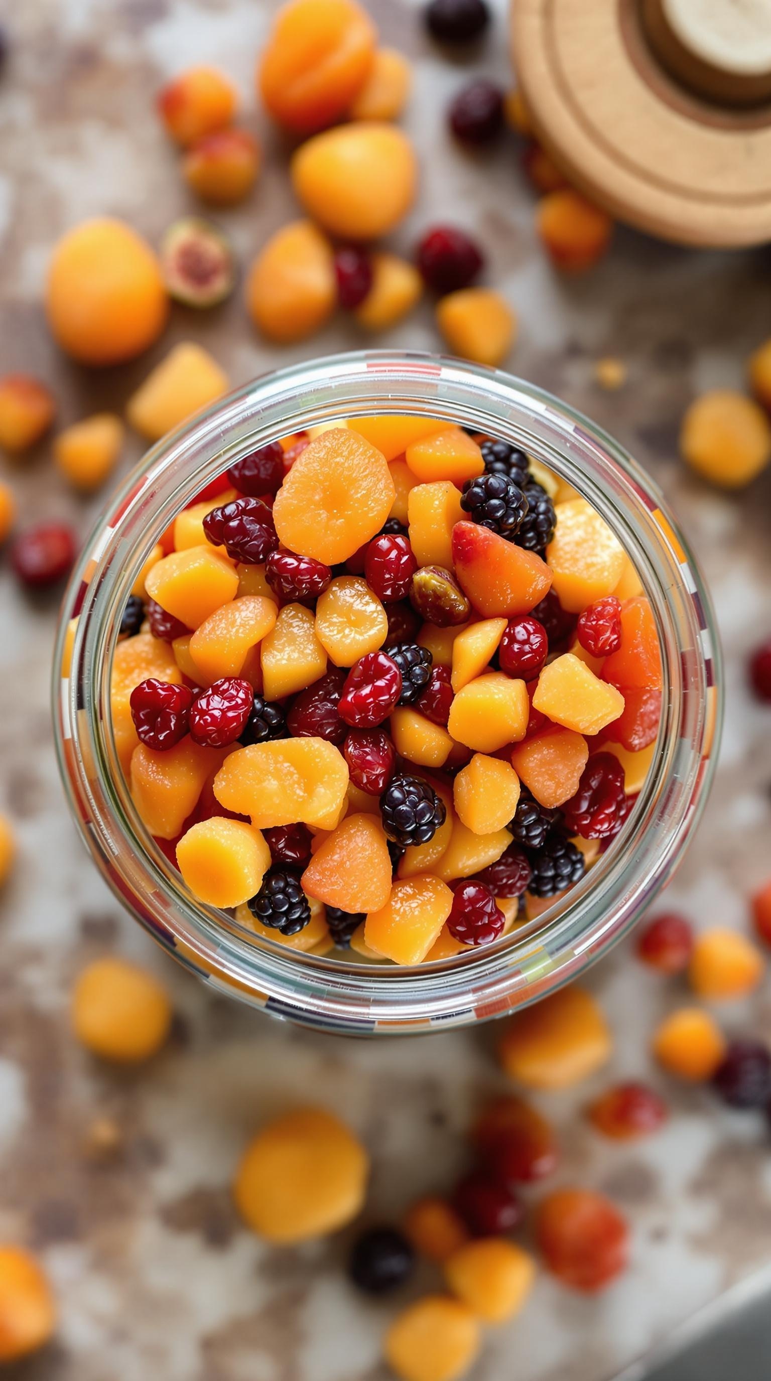 A jar filled with a colorful mix of dried apricots, cranberries, and blackberries, surrounded by scattered pieces of dried fruit.