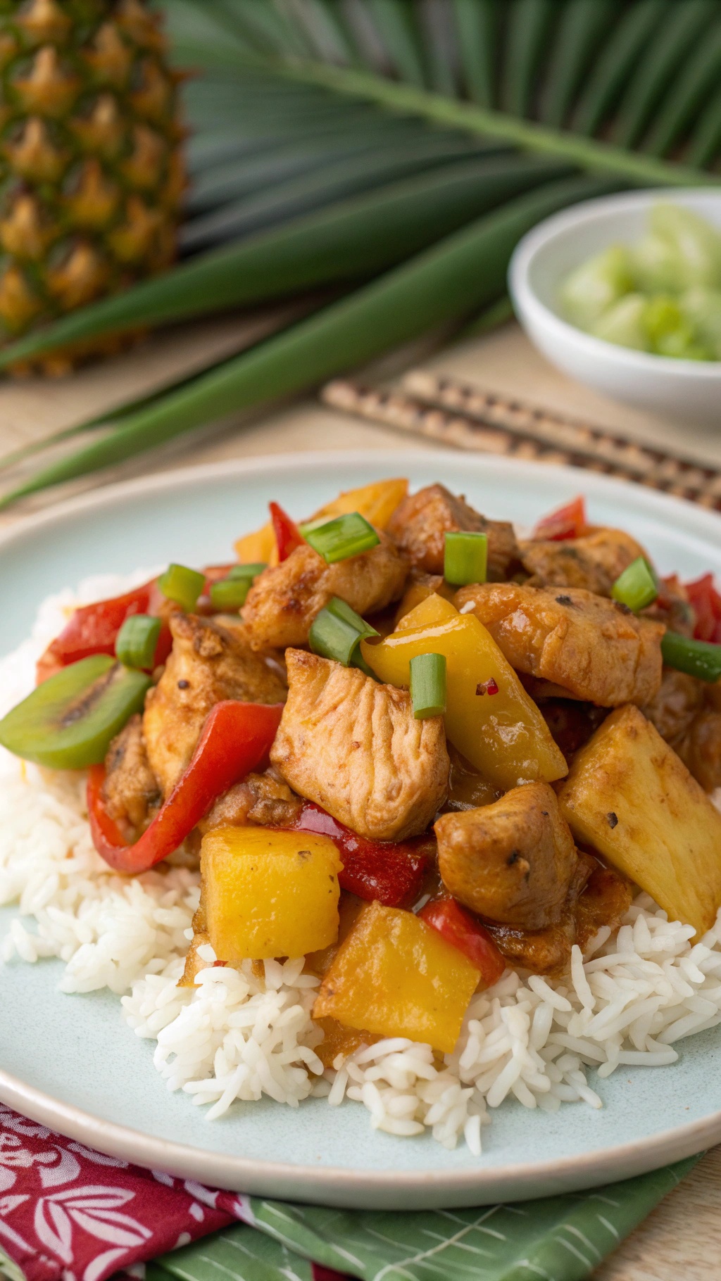 A plate of sweet and tangy pineapple chicken served over rice with colorful peppers and garnished with green onions.