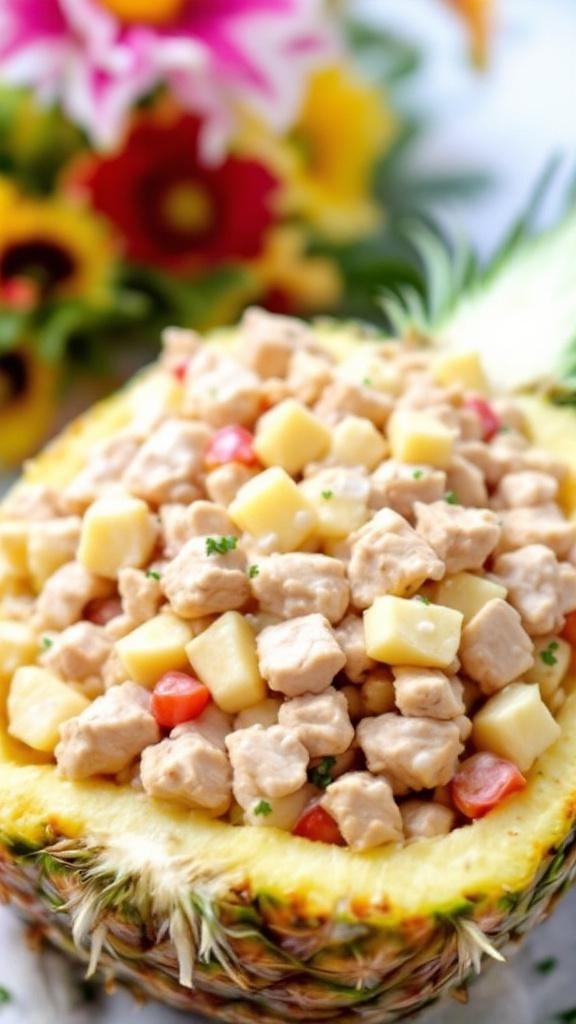 A colorful pineapple chicken salad served in a hollowed-out pineapple.