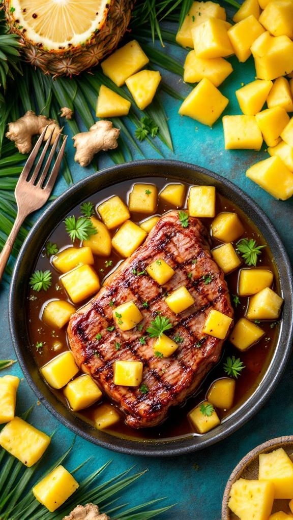 Grilled steak with pineapple chunks in a marinade, surrounded by fresh pineapple and ginger.