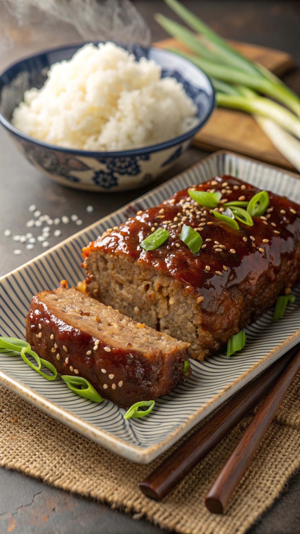Sweet and Tangy Teriyaki Meatloaf served with rice and garnished with green onions and sesame seeds.