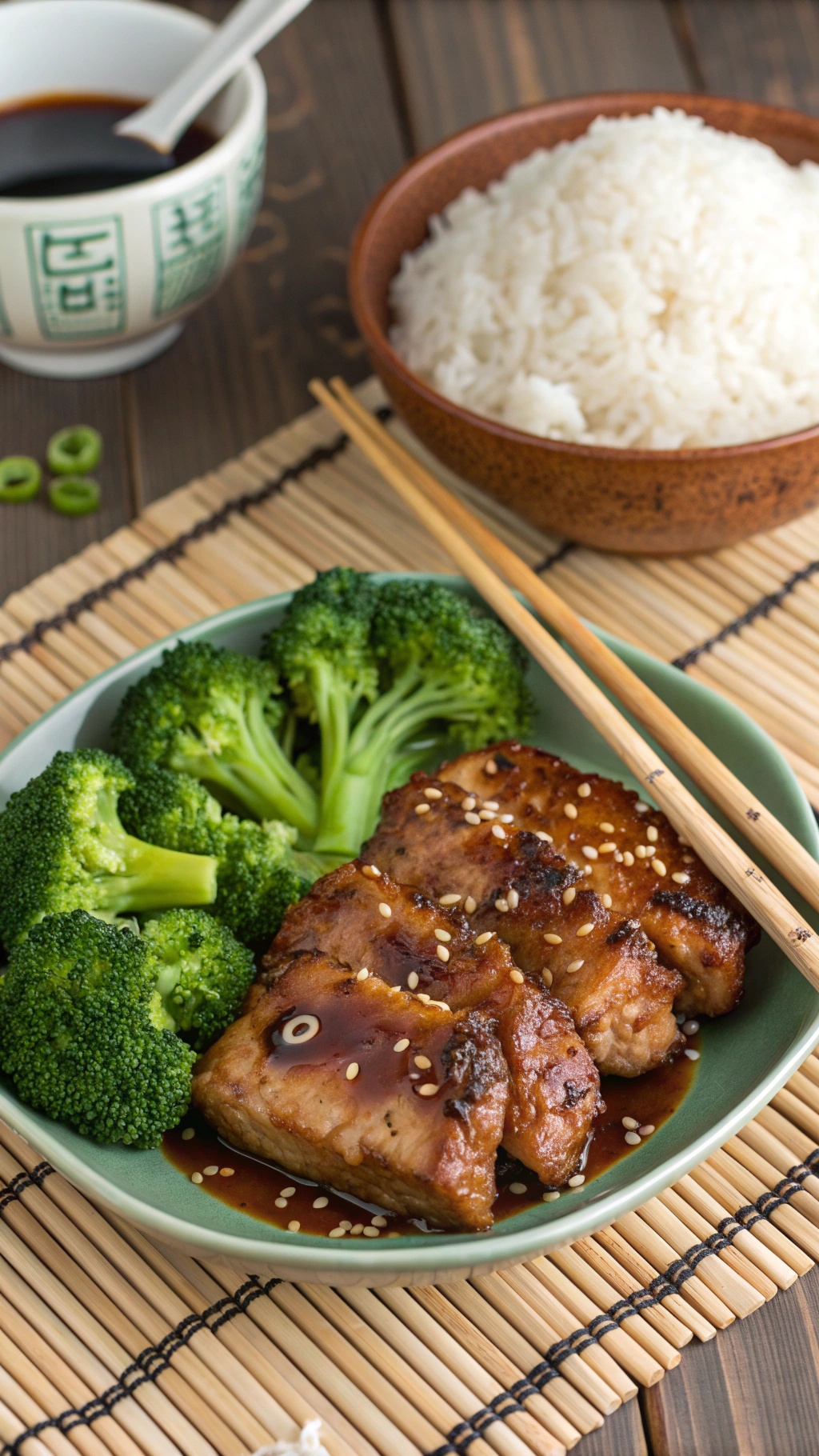 A plate of sweet and tangy teriyaki pork chops served with broccoli and rice.