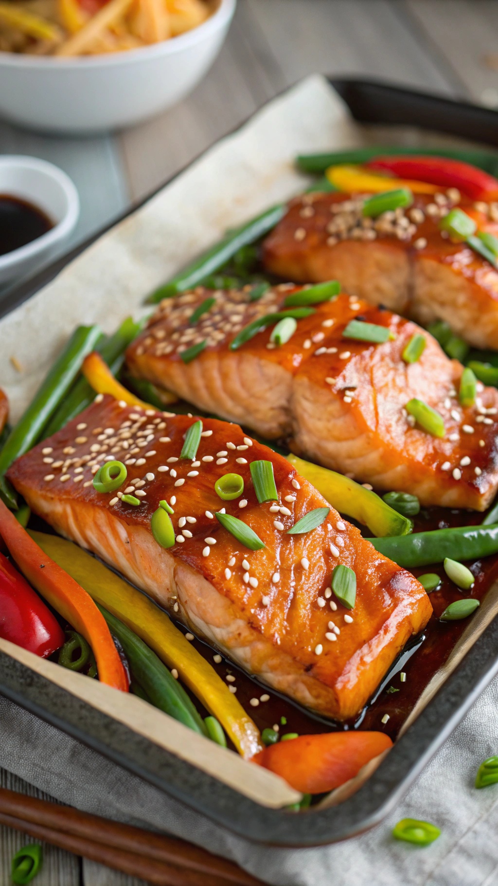 A delicious sheet pan dinner featuring salmon fillets glazed with teriyaki sauce, surrounded by colorful vegetables.