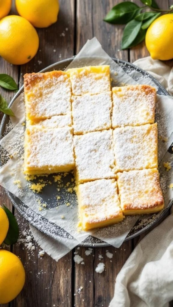 A tray of lemon bars dusted with powdered sugar, surrounded by fresh lemons.