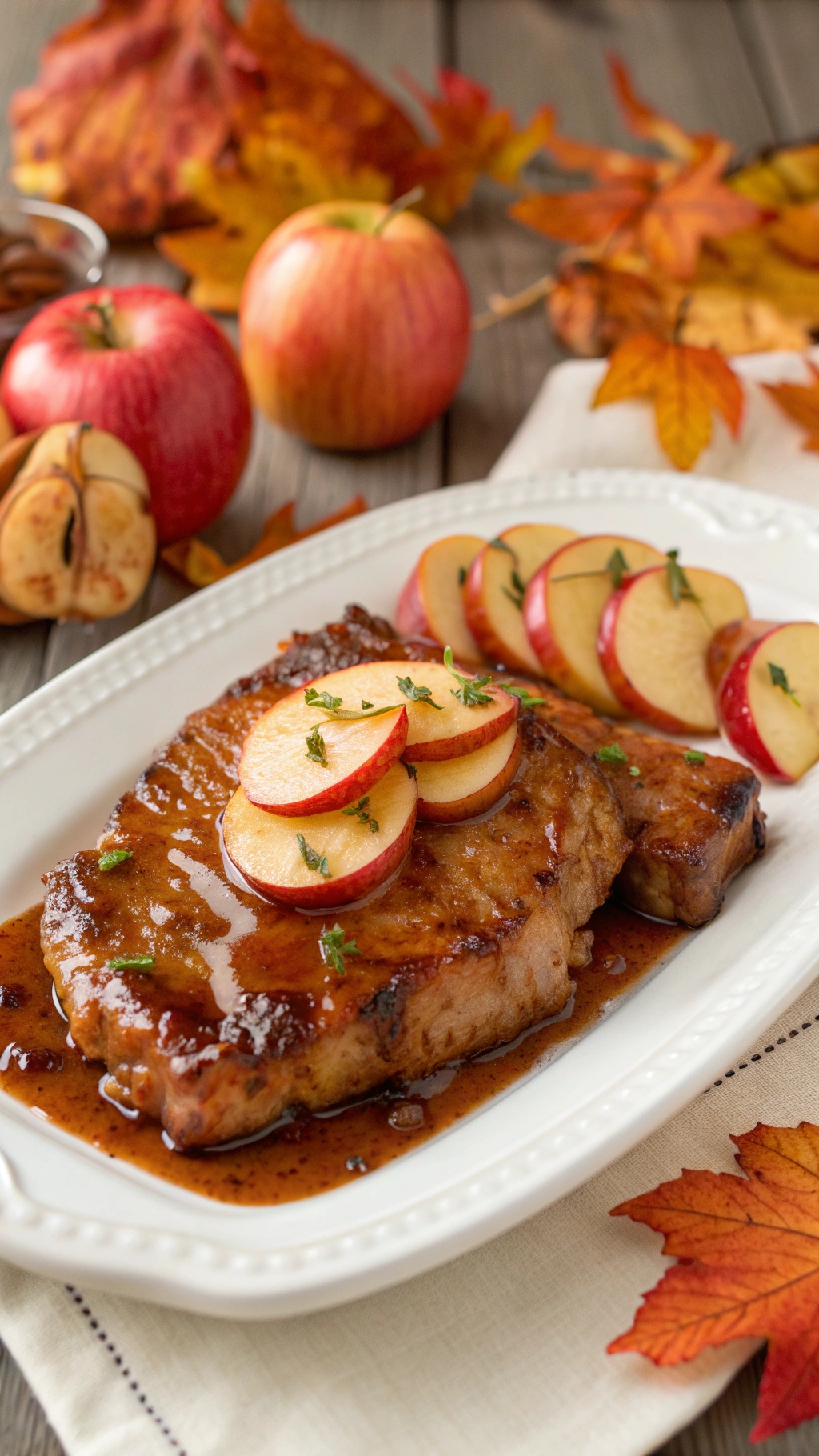 Sweet apple cider glazed pork chops with apple slices and autumn leaves