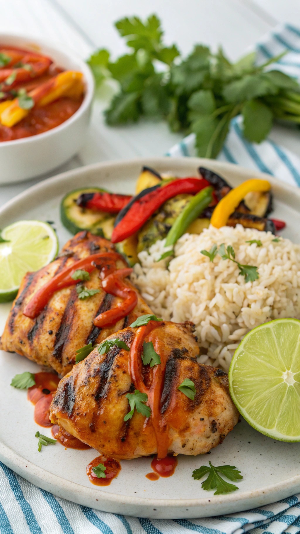 Grilled chicken thighs with sweet chili sauce, rice, and grilled vegetables on a plate