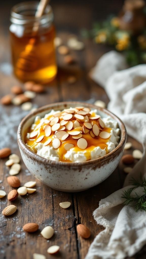 A bowl of cottage cheese topped with honey and sliced almonds on a wooden table.