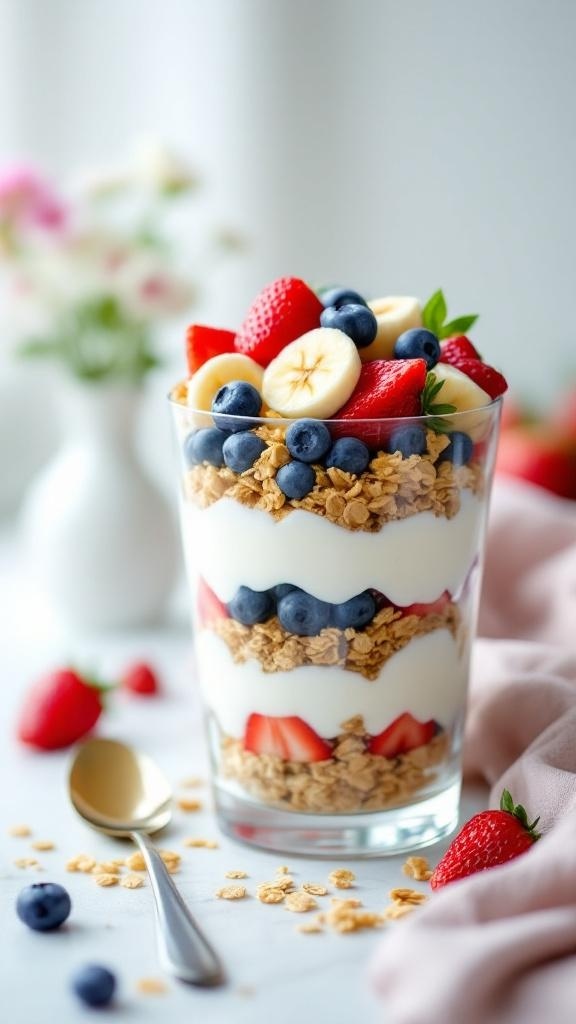 A delicious fruit and yogurt parfait layered with granola, strawberries, blueberries, and banana slices in a clear glass.