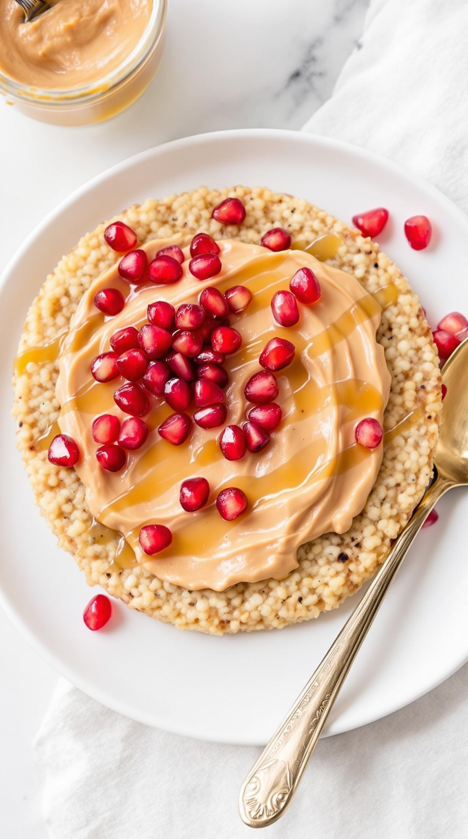 Rice cakes topped with almond butter and pomegranate seeds