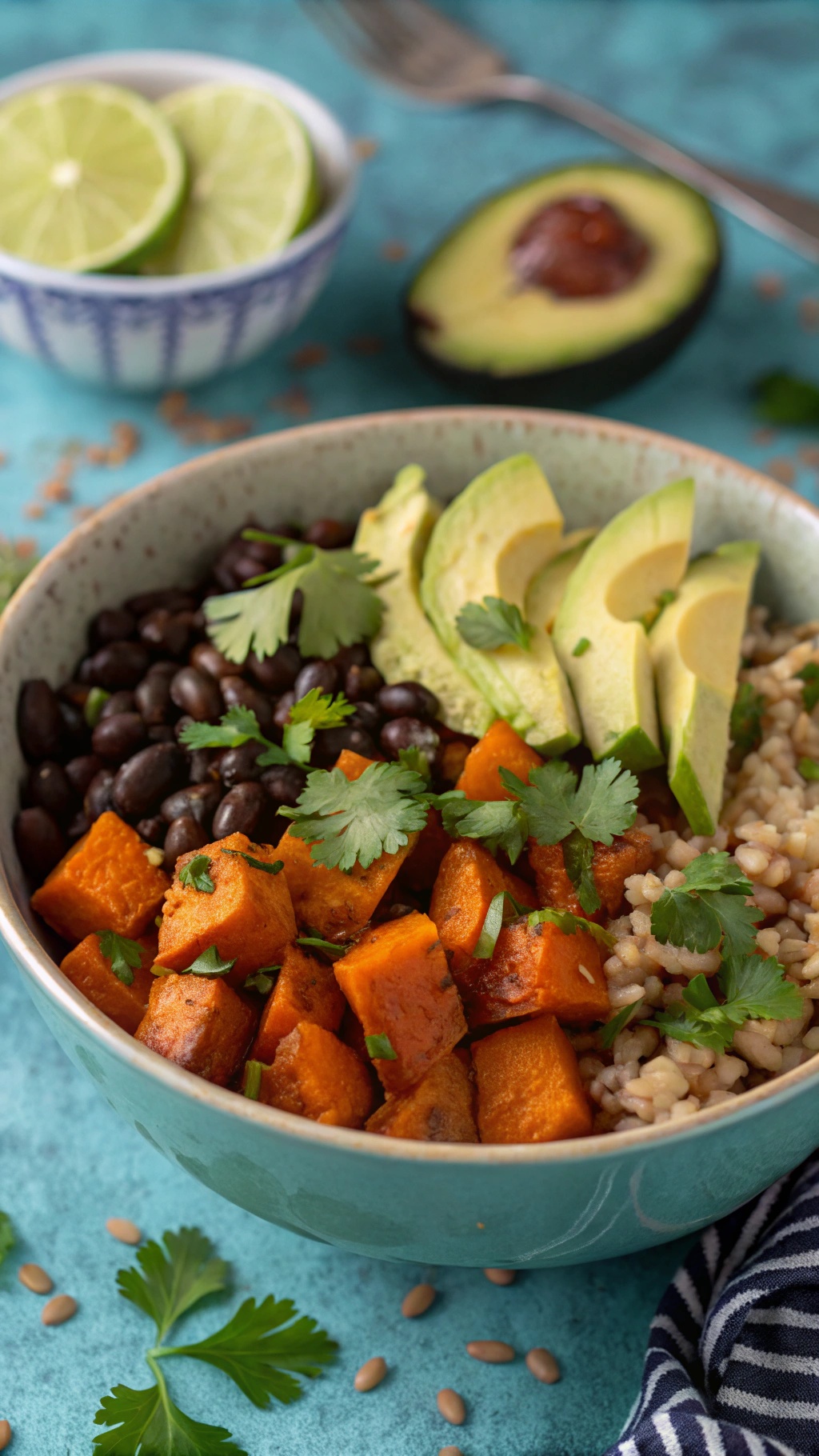 A colorful Sweet Potato and Black Bean Rice Bowl with avocado slices and lime wedges.