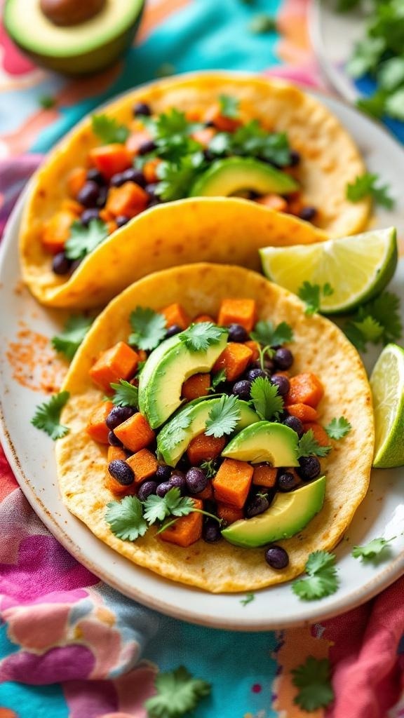 Sweet potato and black bean tacos topped with avocado and cilantro on a colorful plate.