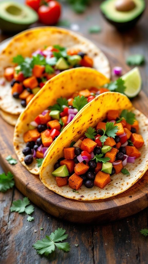Sweet potato and black bean tacos with fresh toppings on a wooden board.