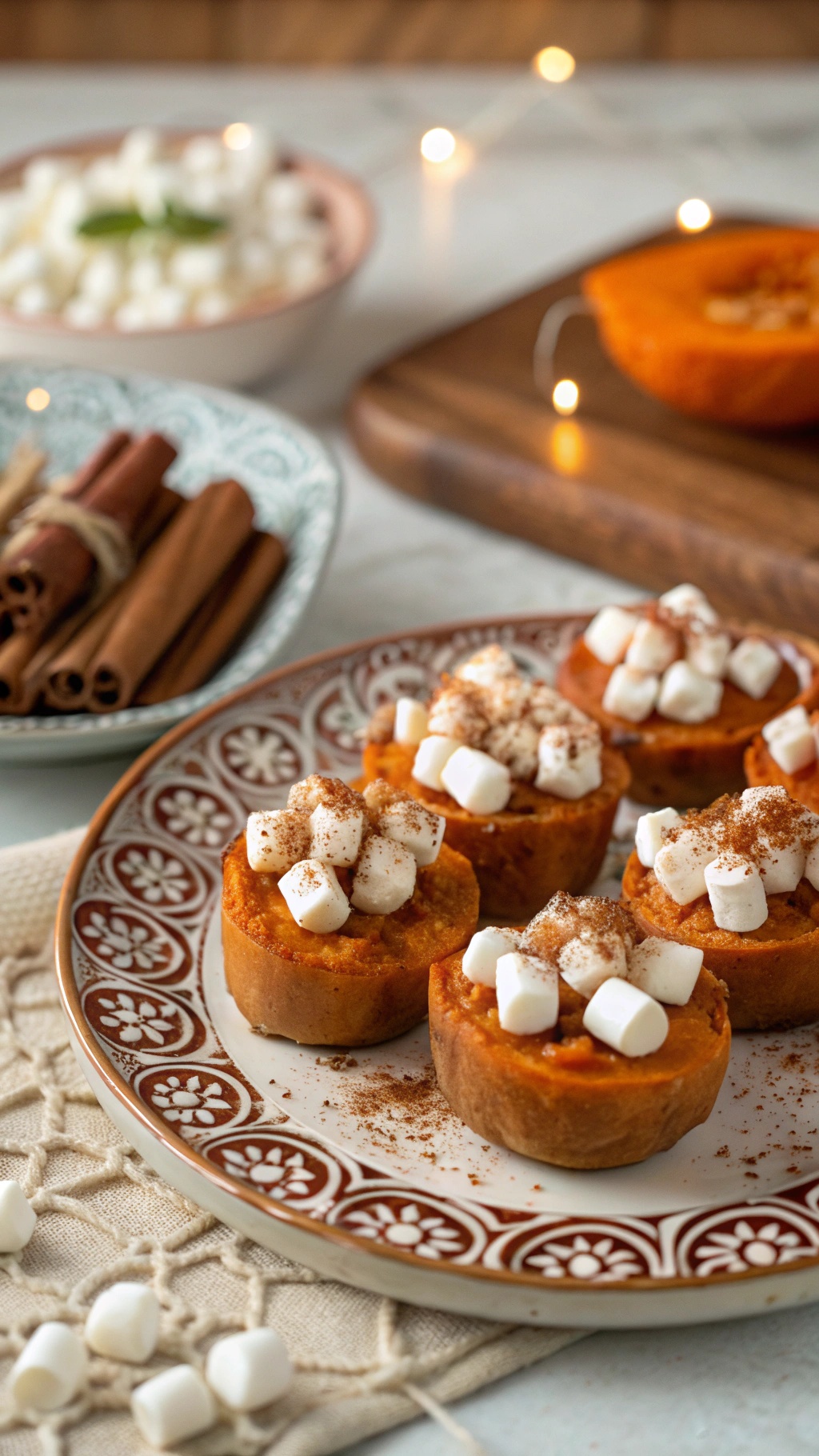Sweet potato bites topped with marshmallows and cinnamon on a decorative plate