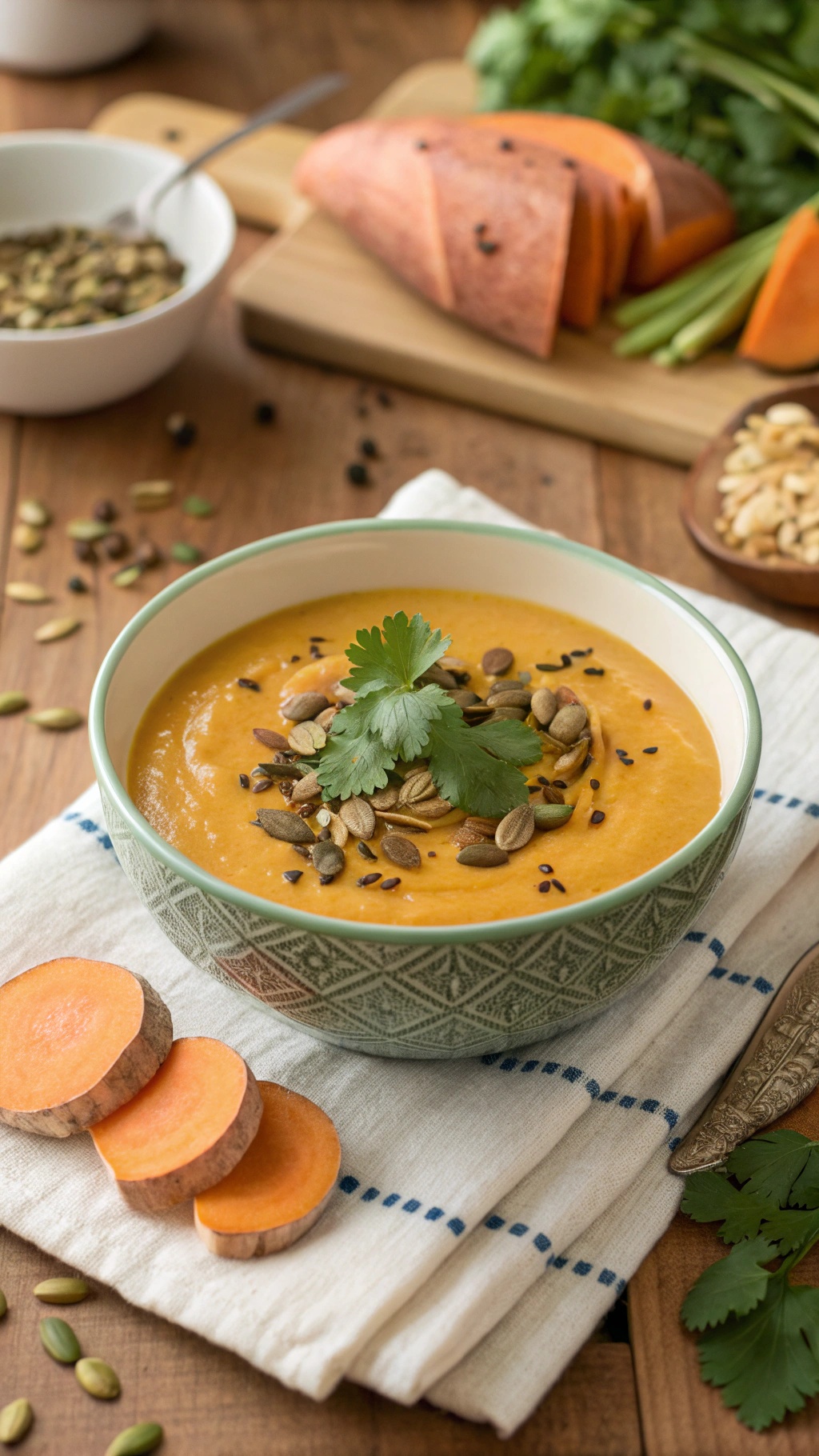 A bowl of sweet potato detox soup garnished with pumpkin seeds and cilantro, with sweet potatoes and herbs in the background.