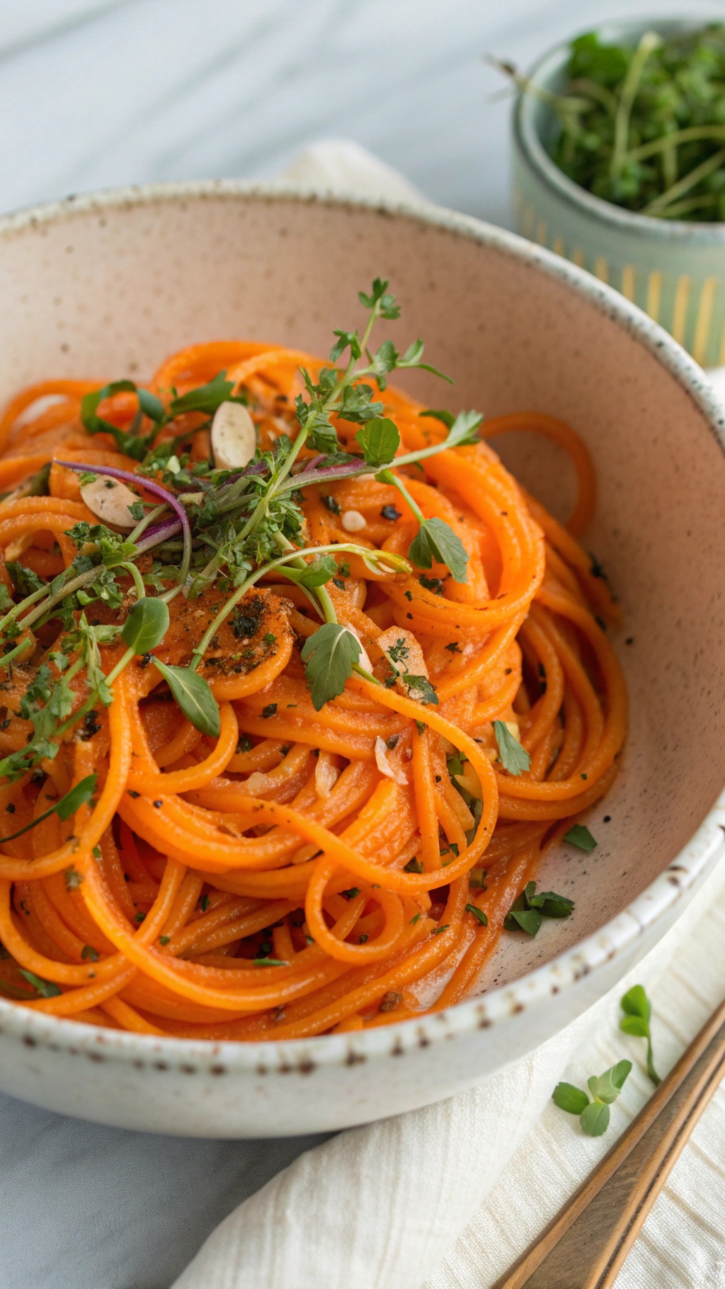 A bowl of sweet potato spaghetti garnished with herbs and almonds.