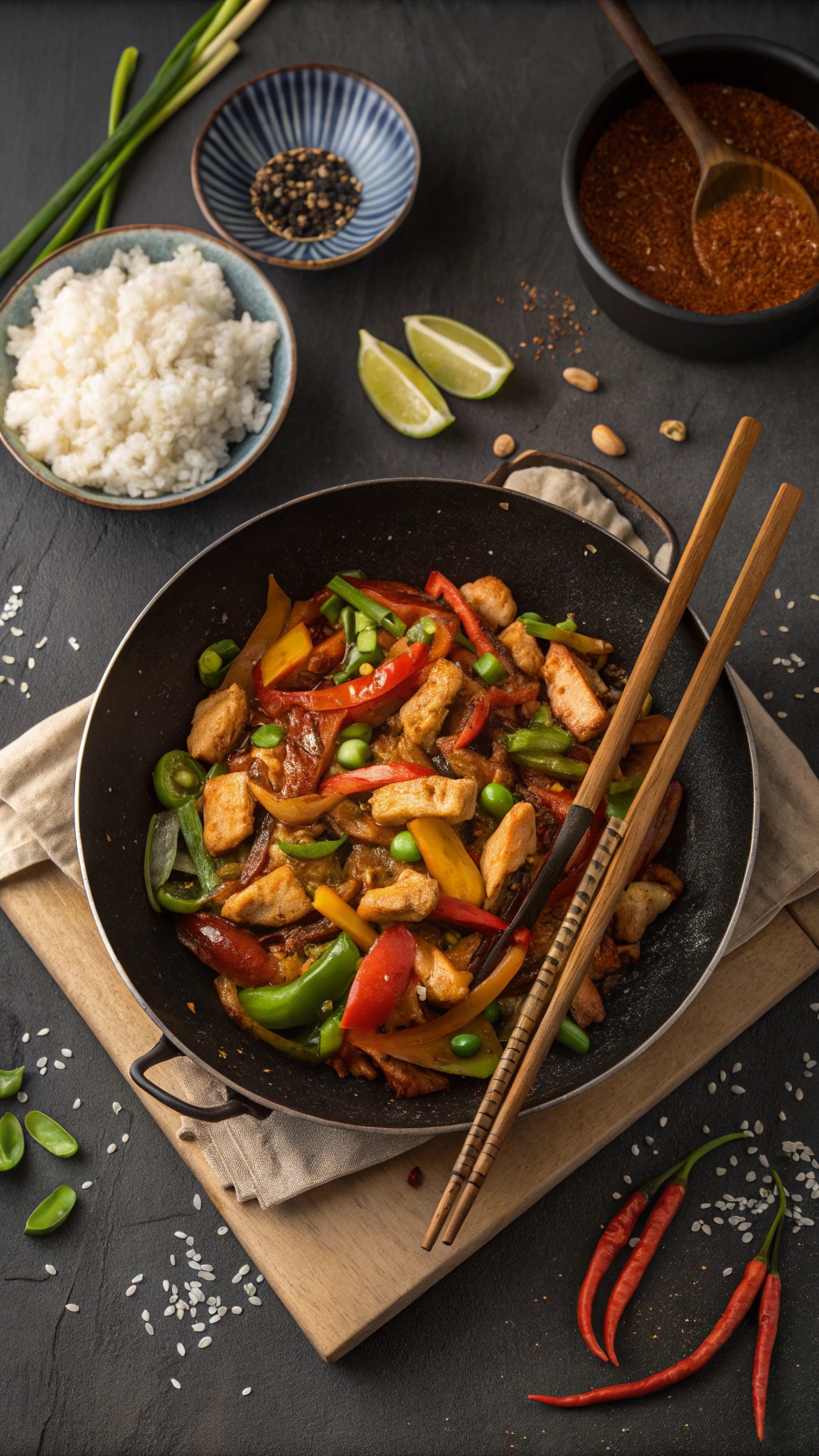 A colorful Szechuan chicken stir-fry with bell peppers and snap peas in a black wok, served with rice and garnished with green onions.