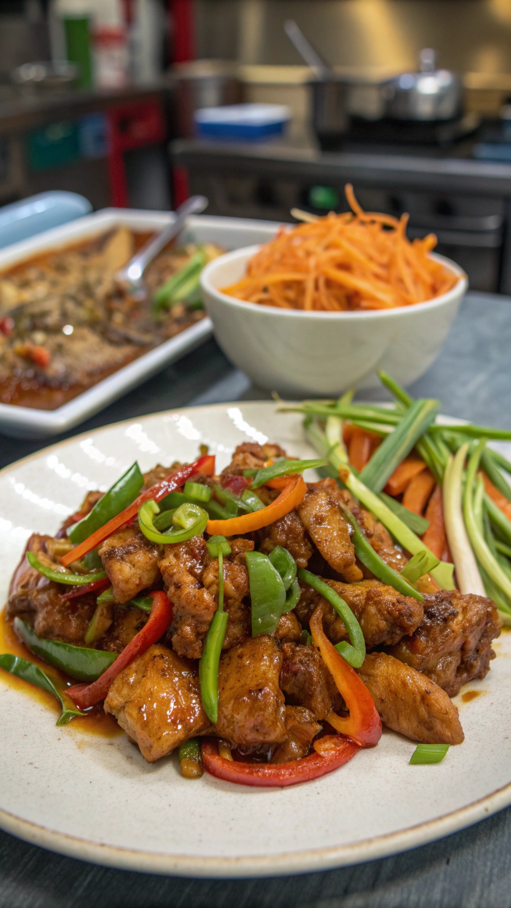 A plate of Szechuan chicken thighs garnished with bell peppers and green onions, served with sides of carrots and green onions.