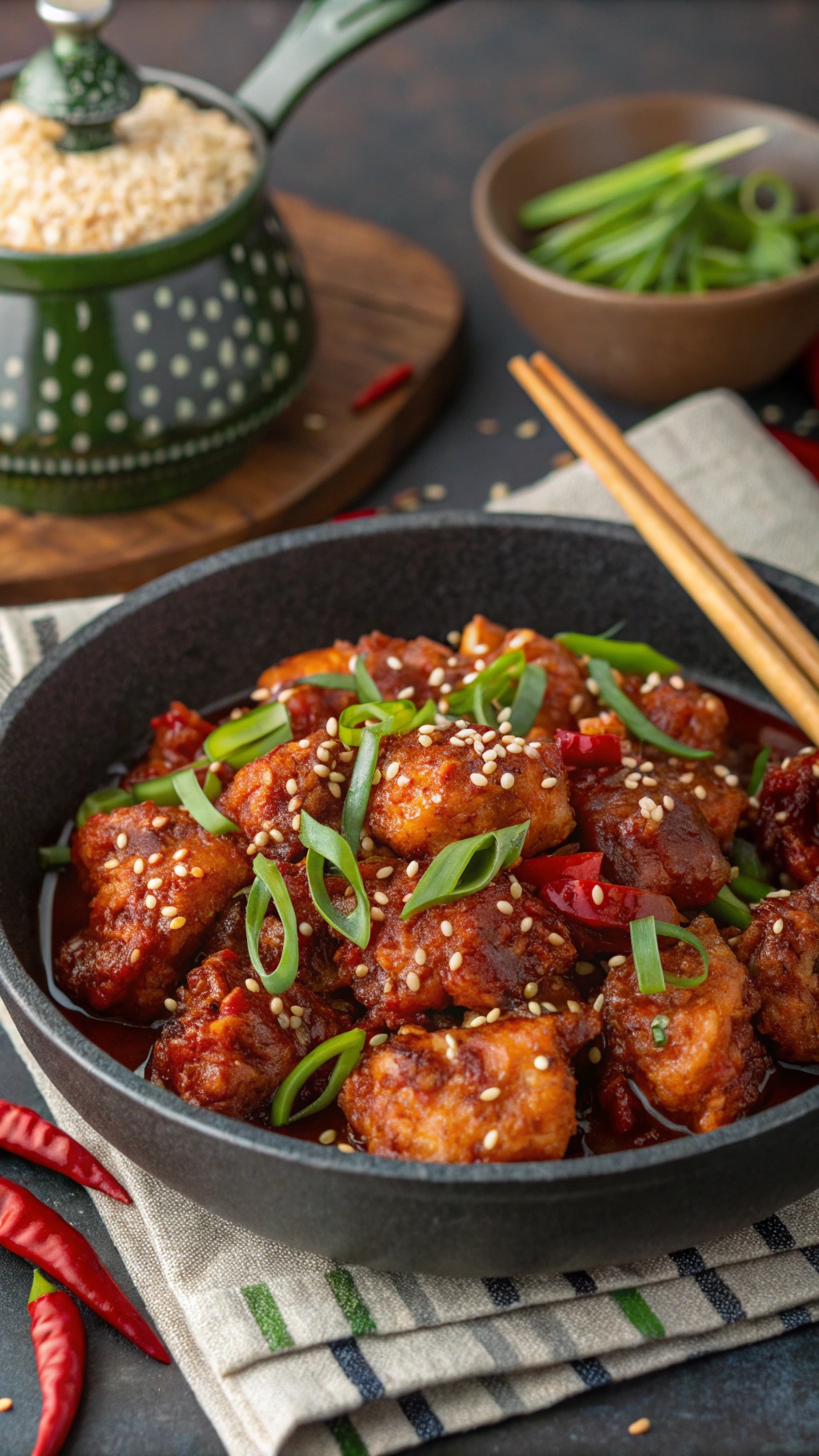 A bowl of Szechuan chicken thighs garnished with green onions and sesame seeds, with red chili peppers in the foreground.
