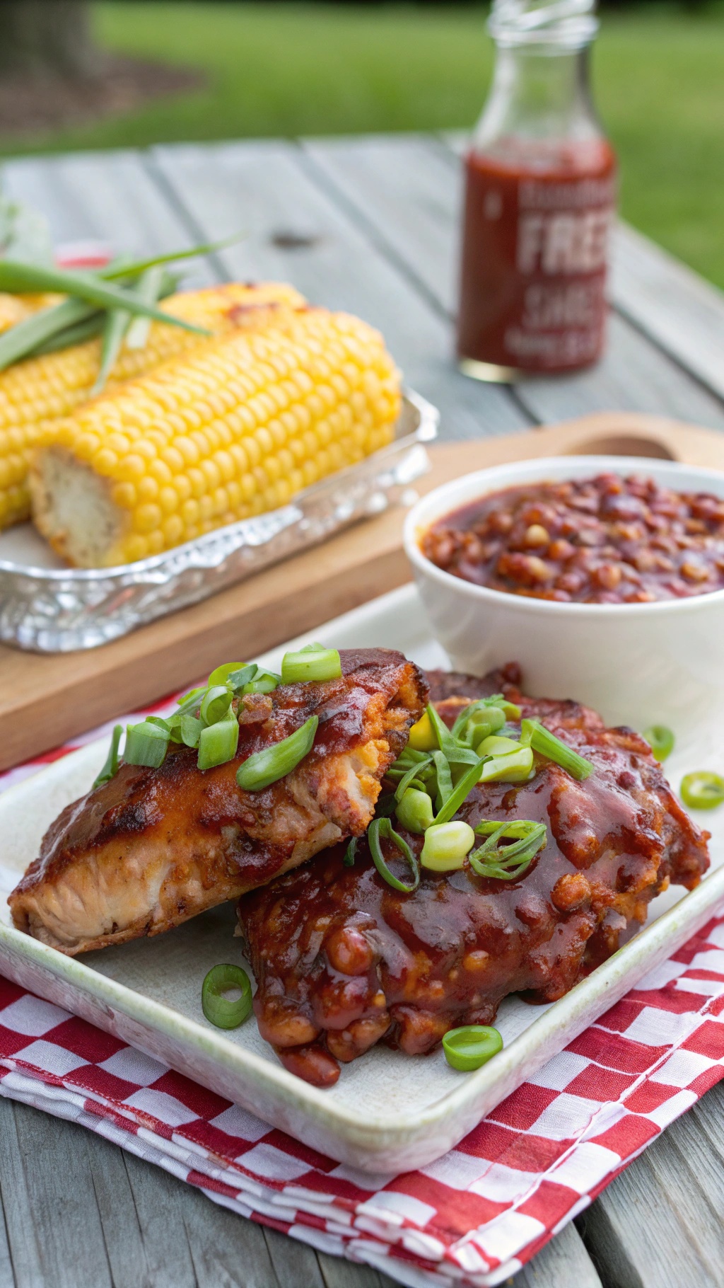 Tangy BBQ chicken served with corn and beans on a picnic table