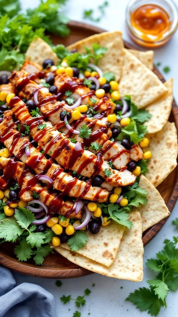 A colorful Tangy BBQ Chicken Salad with grilled corn, black beans, and tortilla chips.