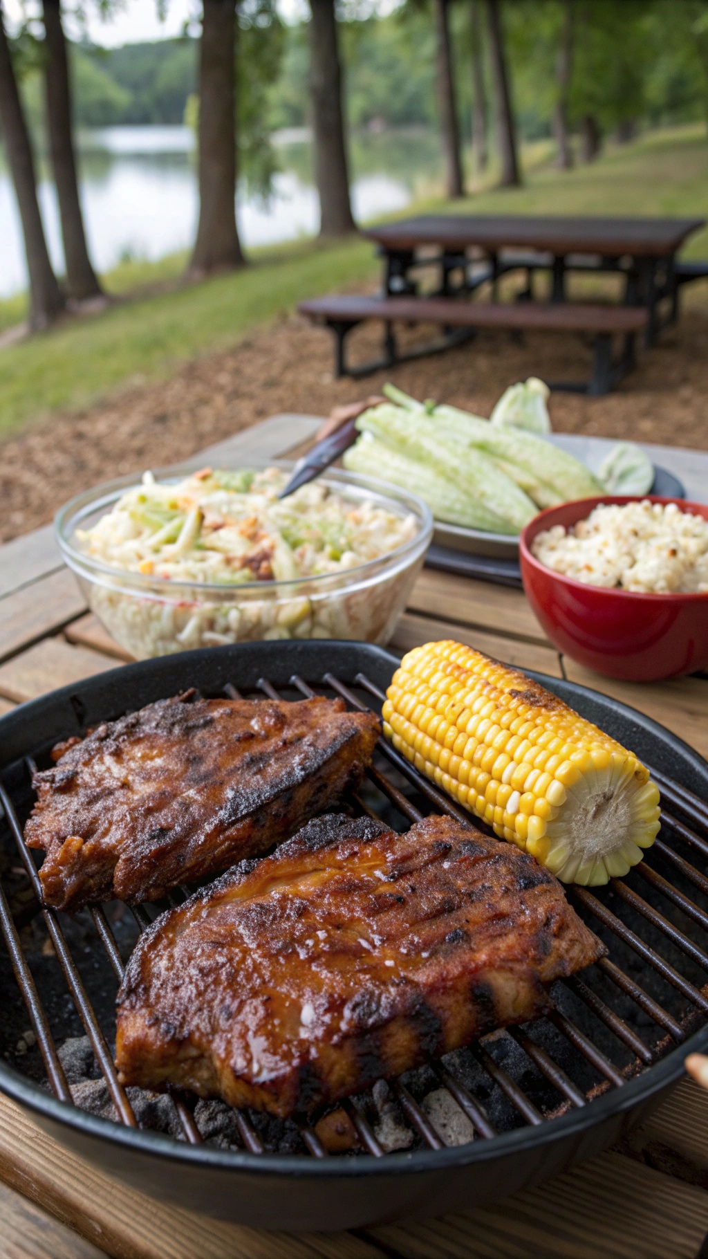 Grilled pork chops with barbecue sauce, corn on the cob, and coleslaw on a picnic table by a lake.