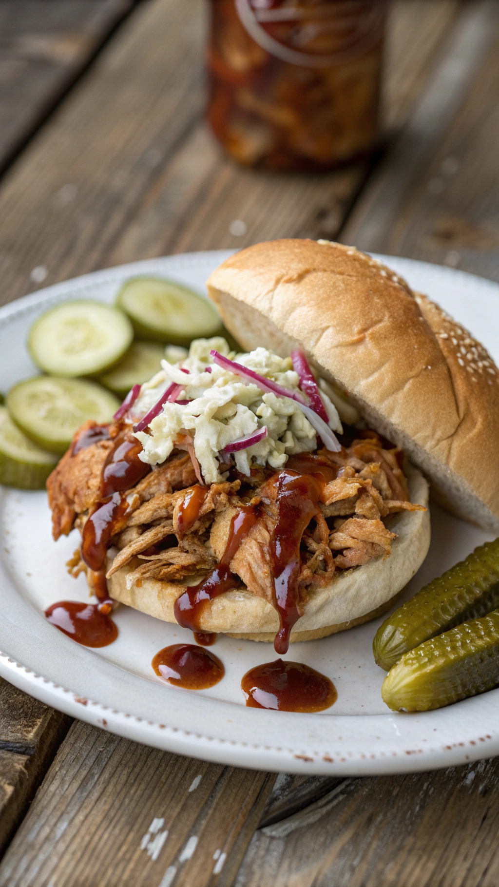 A plate with a pulled chicken sandwich topped with BBQ sauce and coleslaw, served with pickles on the side.